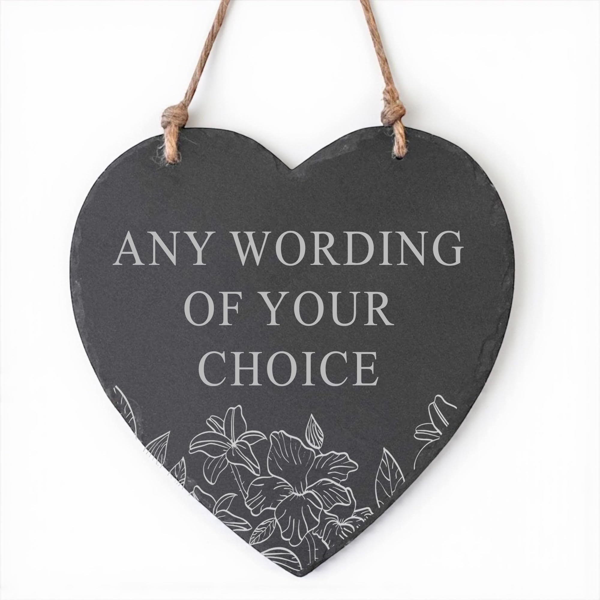 Personalised Large Floral Slate Heart Plaque, 20cm Floral Design with Custom Engraving, Indoor Outdoor Decorative Wall Hanging with Rope Hanger