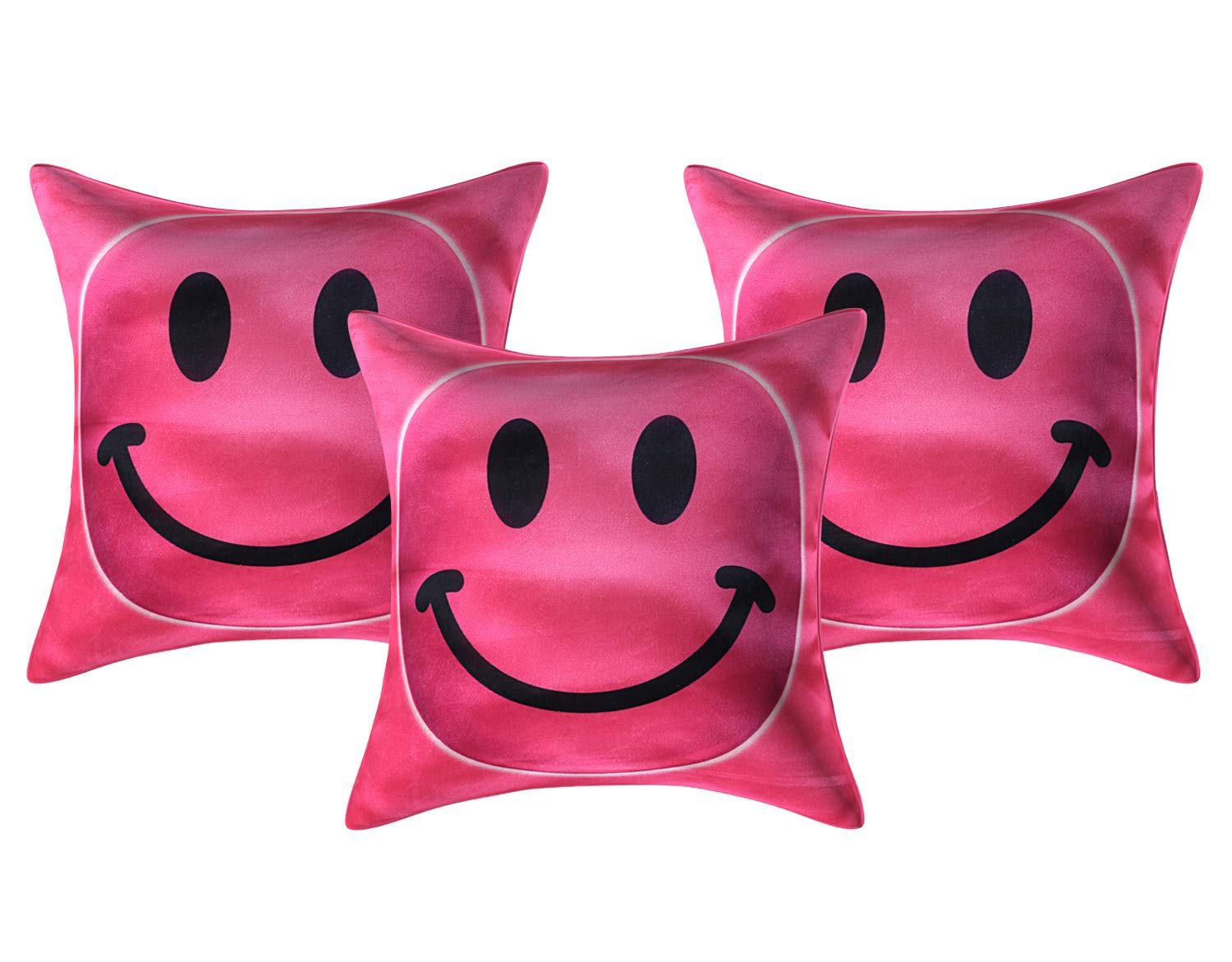 Kuber Industries Smiley Design 3 Piece Velvet Cushion Cover Set - 16"x16", Pink, Standard (CTKTC03293)