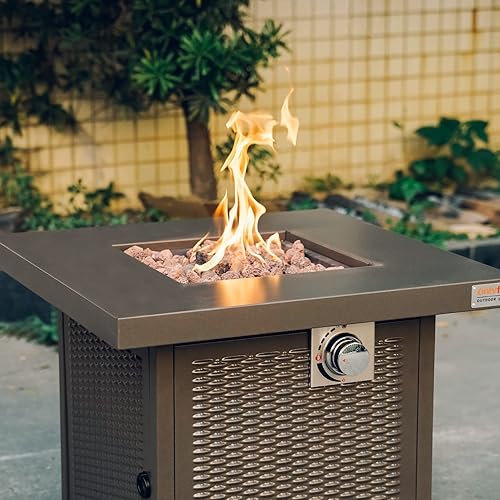 Miniatura 4 de Mesa de fuego de propano, mesa para fogata al aire libre con tapa y roca de lava, chimenea grande de 28 pulgadas con encendido automático 50000 BTU,