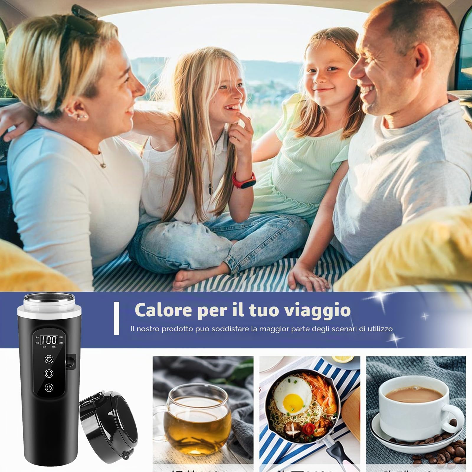 Bollitore elettrico da viaggio 12 V – 24 V per auto e camion, 500 ml in acciaio inox con accendisigari da 12 V per acqua calda e caffè