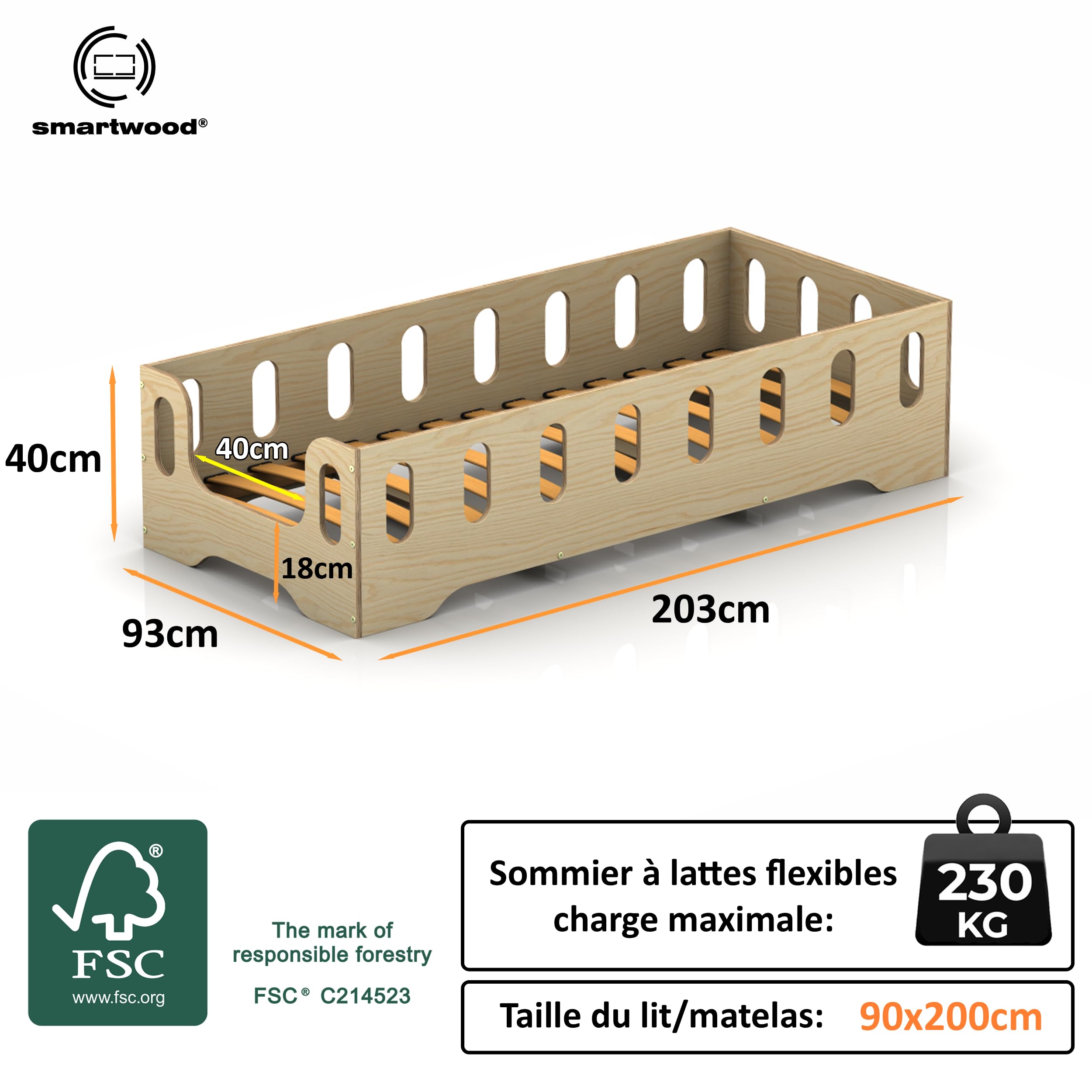 smartwood Lit Enfant 90x200 cm - Lit au Sol Enfant en Bois Naturel avec Barrière de Sécurité et Sommier - Charge Jusqu’à 230 kg - Lits Montessori pour Garçons et Filles - TILA 2B Bois