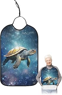 Adult Bibs for Eating, Abstract Ocean Sea Turtle in Starry Night Waterproof Clothing Protector Washable Adult Bib with Crumb Catcher for Elderly Men and Women Seniors
