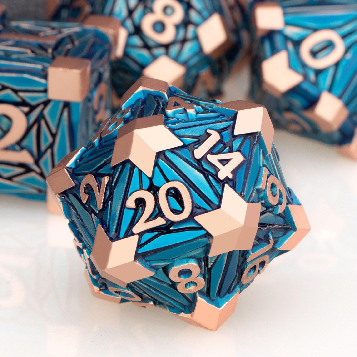 7PCS Metal DND Dice Set with Box, Debris RPG Copper Blue D and D Dice for use with D&D Tabletop Games Role Playing Game Polyhedral Dice Set D20 D12 D10 D8 D6 D4