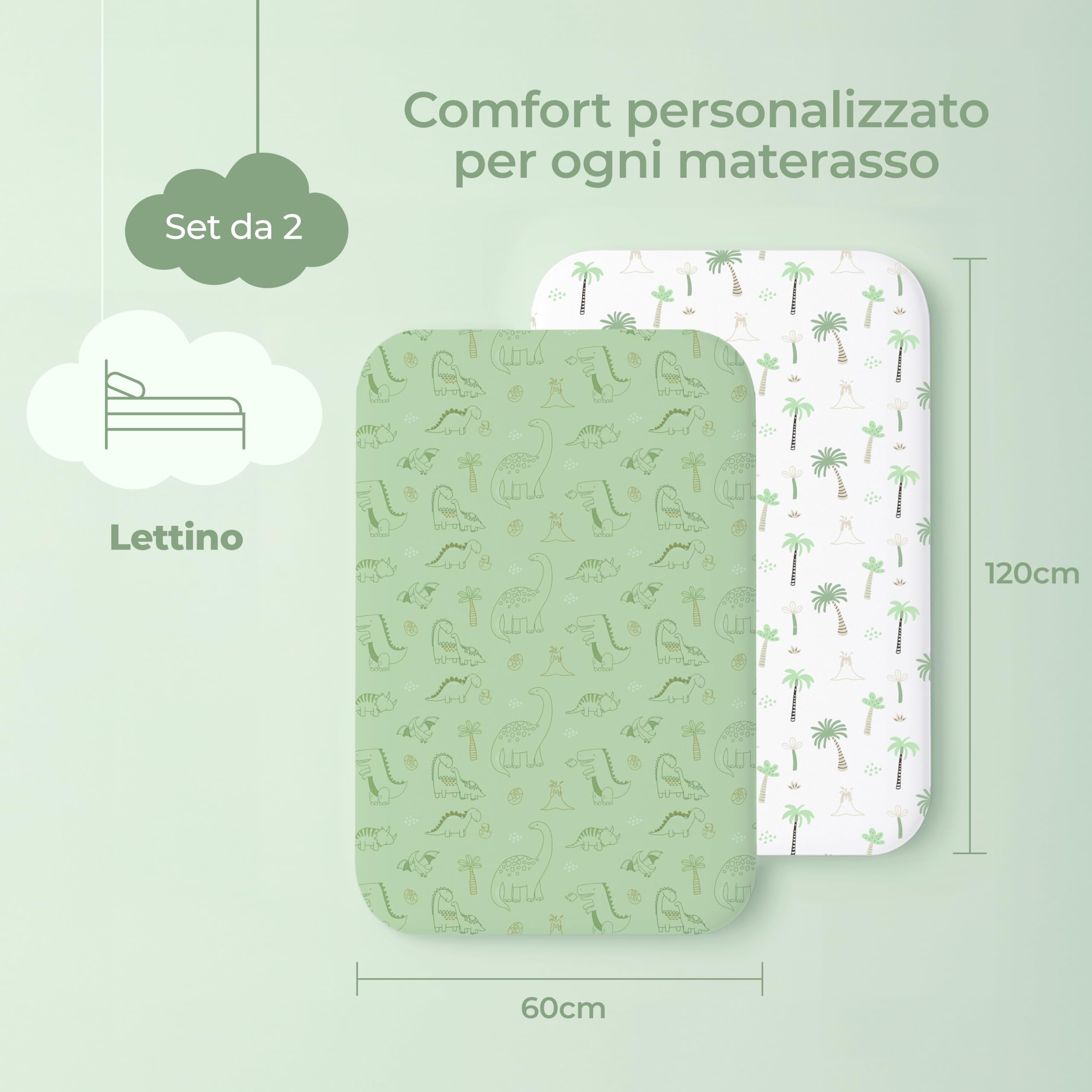 Dreamzie Set 2 Lenzuola Lettino Neonato 60x120 Cotone - Lenzuolo Con Angoli, Oeko-Tex Certificato - Lenzuola Culla Lettino 60x120 - Dinosauro Bianco/Verde Salvia