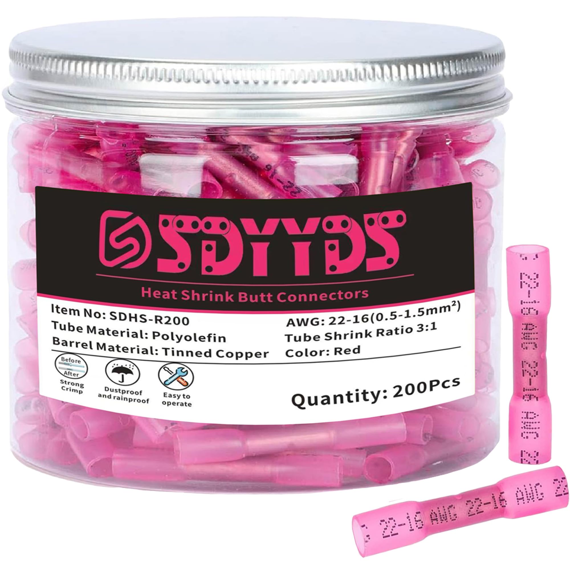 Confezione da 200 connettori termorestringenti di grado marino, connettori impermeabili per giunzione cavi da 22-16 AWG (rosso) - rame stagnato, rivestiti con adesivo, crimpature resistenti