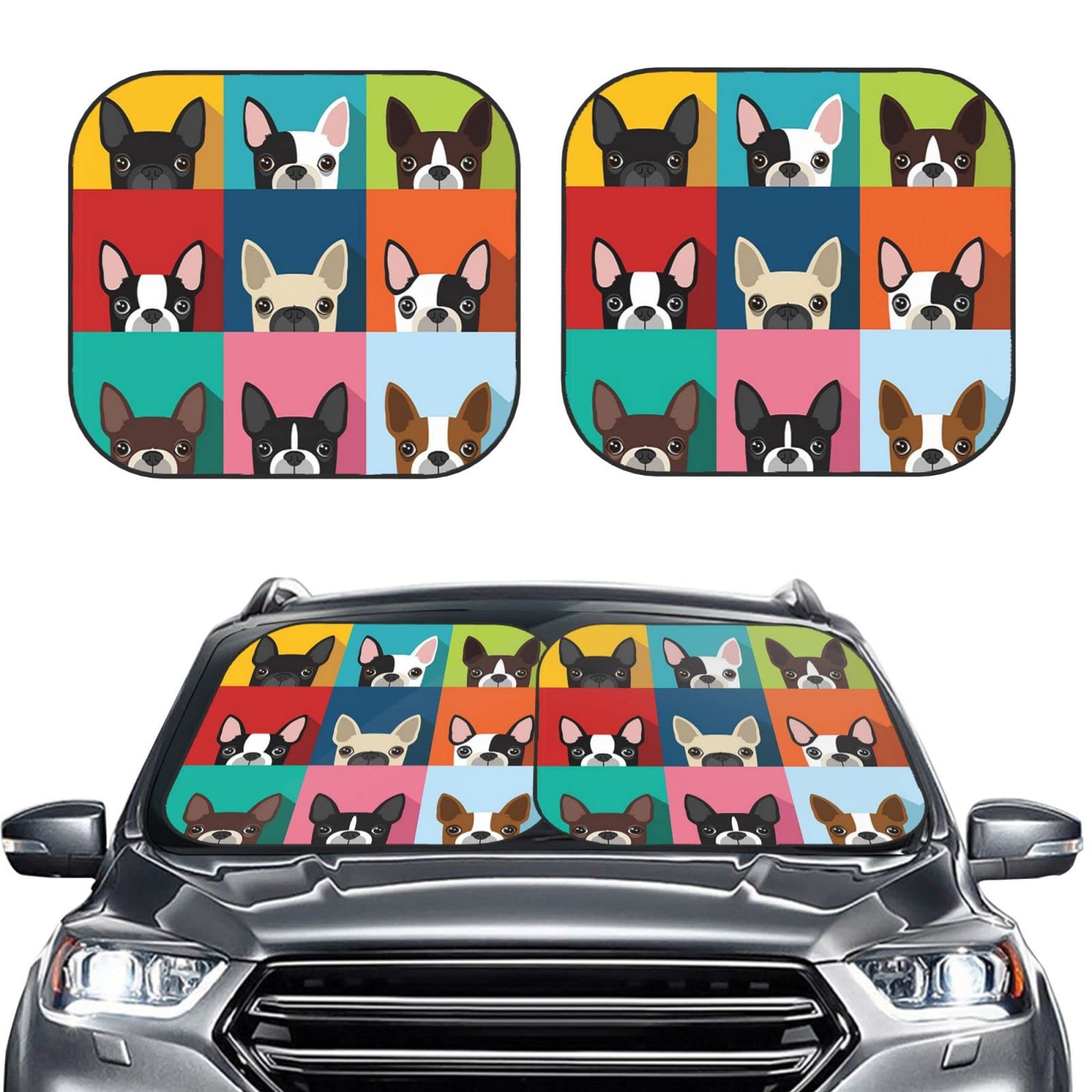 Boston Terrier Lavender Flowers Windshield Sunshade - 51x26.8 Inch UV Reflector For Cars & SUVs