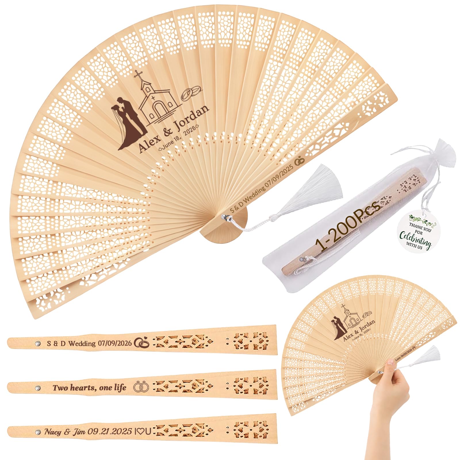 Personalisierte Holzfächer für Hochzeitsgäste – 100 Stück mit Namensgravur (100) | Gravur mit Namen/Datum/Logo | Holzklappfächer | Inkl. Organza-Beutel | Gastgeschenk Hochzeit