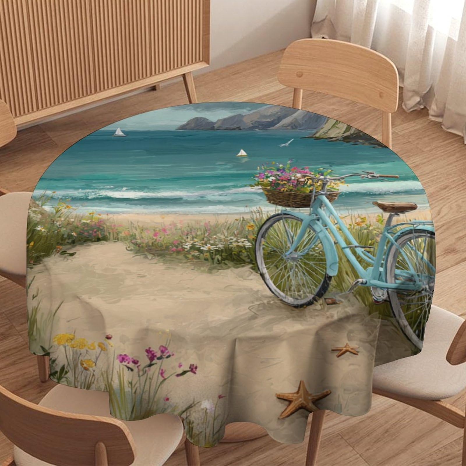 LUYYSKY Rustic Watercolor Coastal Beach Waterproof Round Tablecloth Nautical Realistic Ocean Landscape Animal Seagull Bicycle Washable Table Cover for Kitchen-127 Wx127 L cm