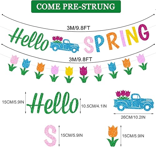Miniatura 2 de Cartel de Hello Spring con purpurina con letreros de camión de tulipanes y coloridos tulipanes brillantes con texto en inglés «Hello Spring