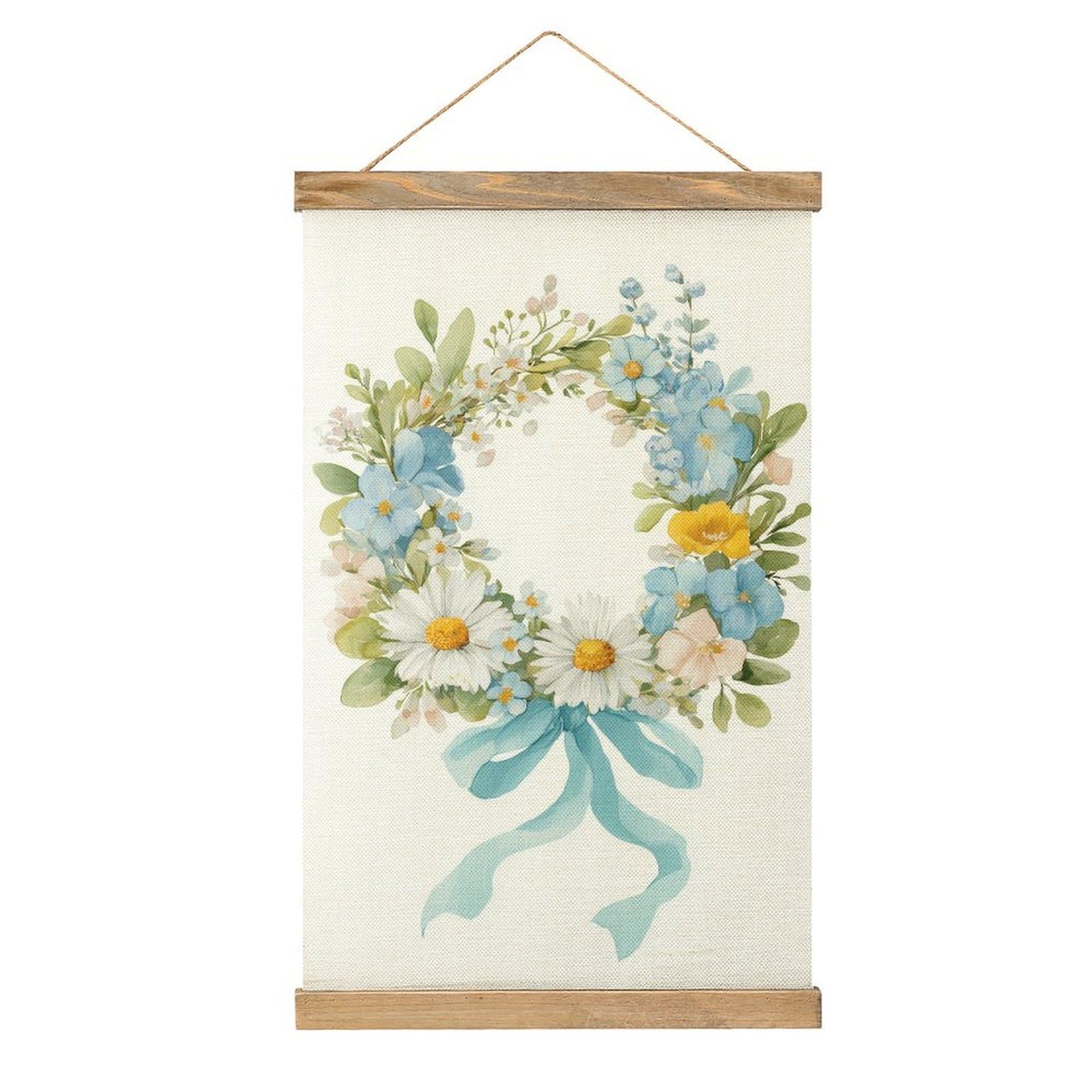 Jubonexis Watercolor Flower Wreath Tied Light Blue Ribbon Canvas Painting Wood Frames Poster Hanger Hanging Picture Kit Wall Art