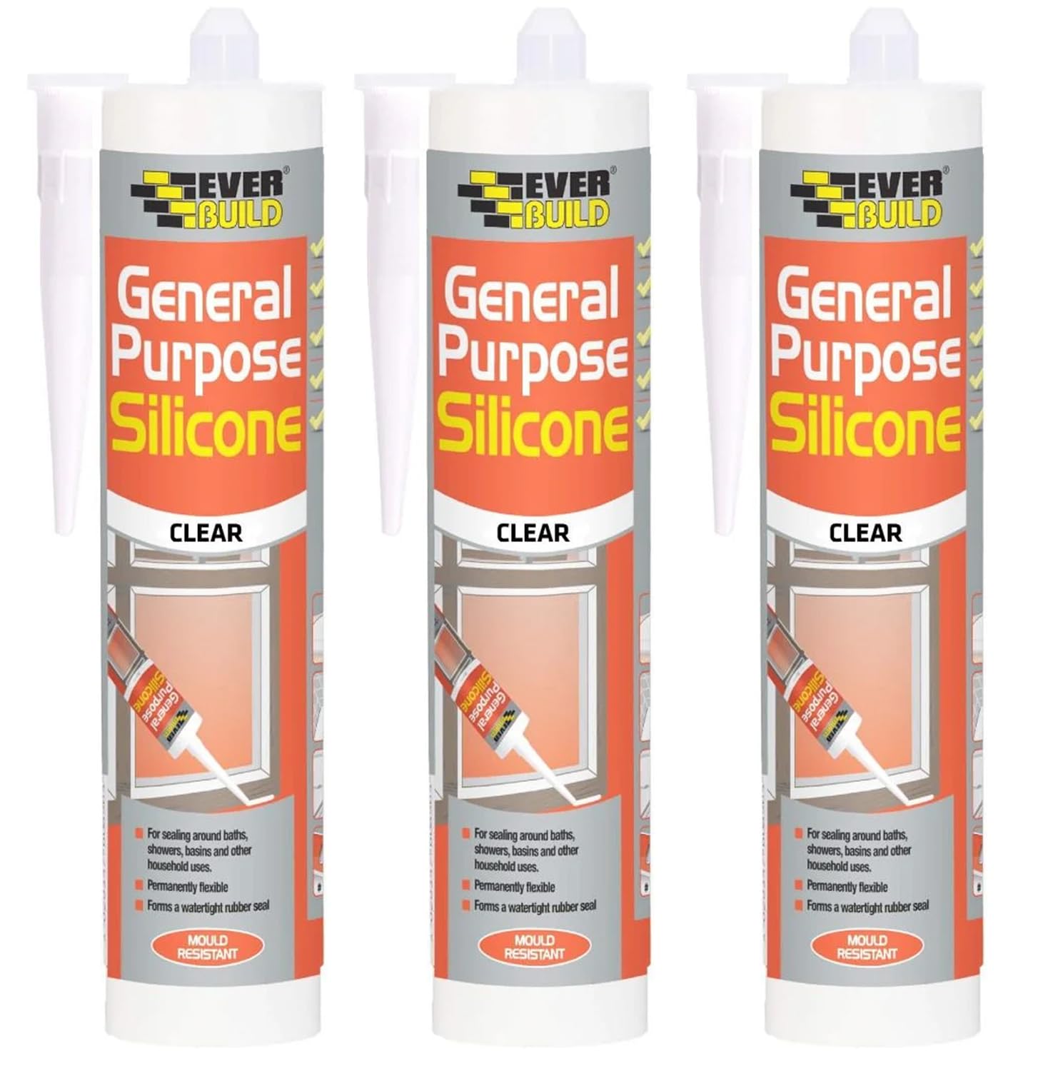 General Purpose Silicone C3 Clear 280ml – Pack of 3 – Waterproof Sealant for Bathrooms, Kitchens, Windows & Doors – Flexible, Durable & Mold Resistant