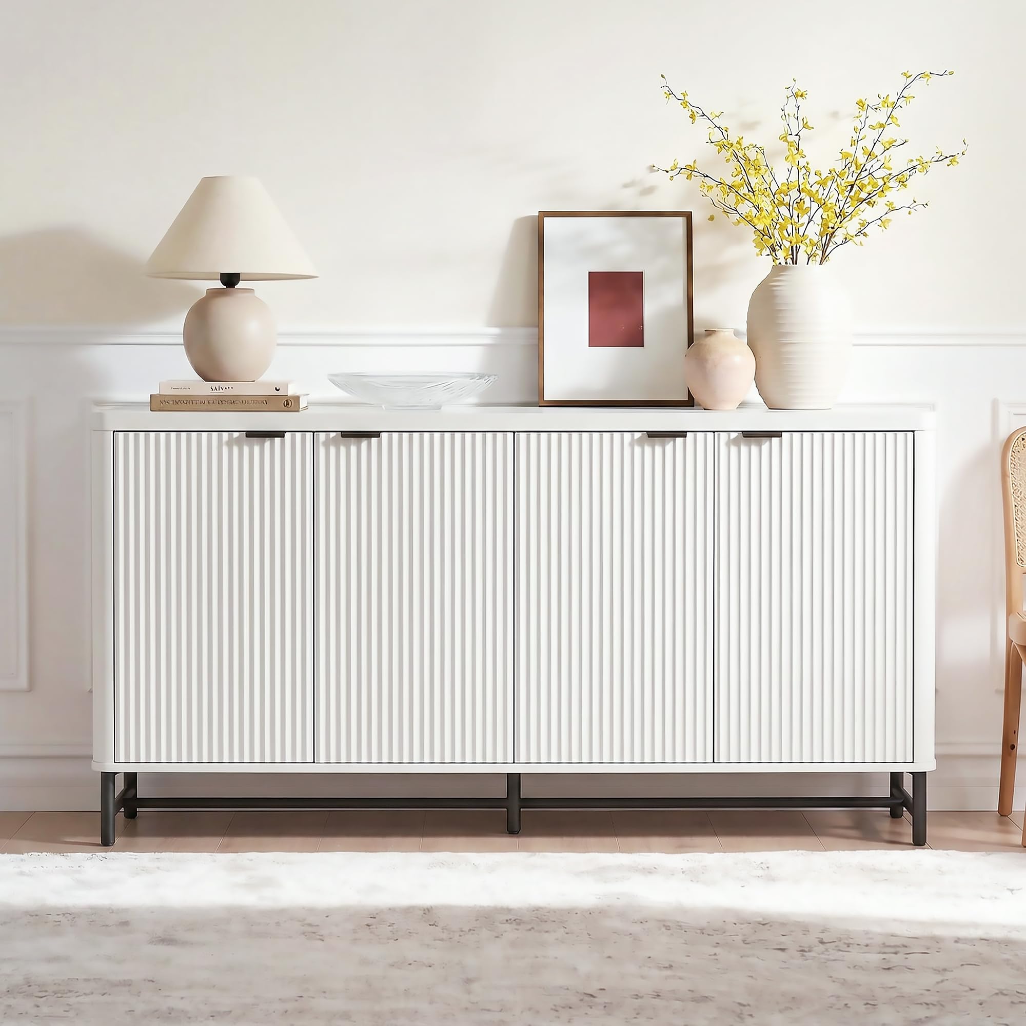 65" Buffet Cabinet with Storage, Fluted Credenza Sideboard with 4 Doors & Adjustable Shelves, Large Coffee Bar Console Table for Dining Room, Living Room, Entryway, White