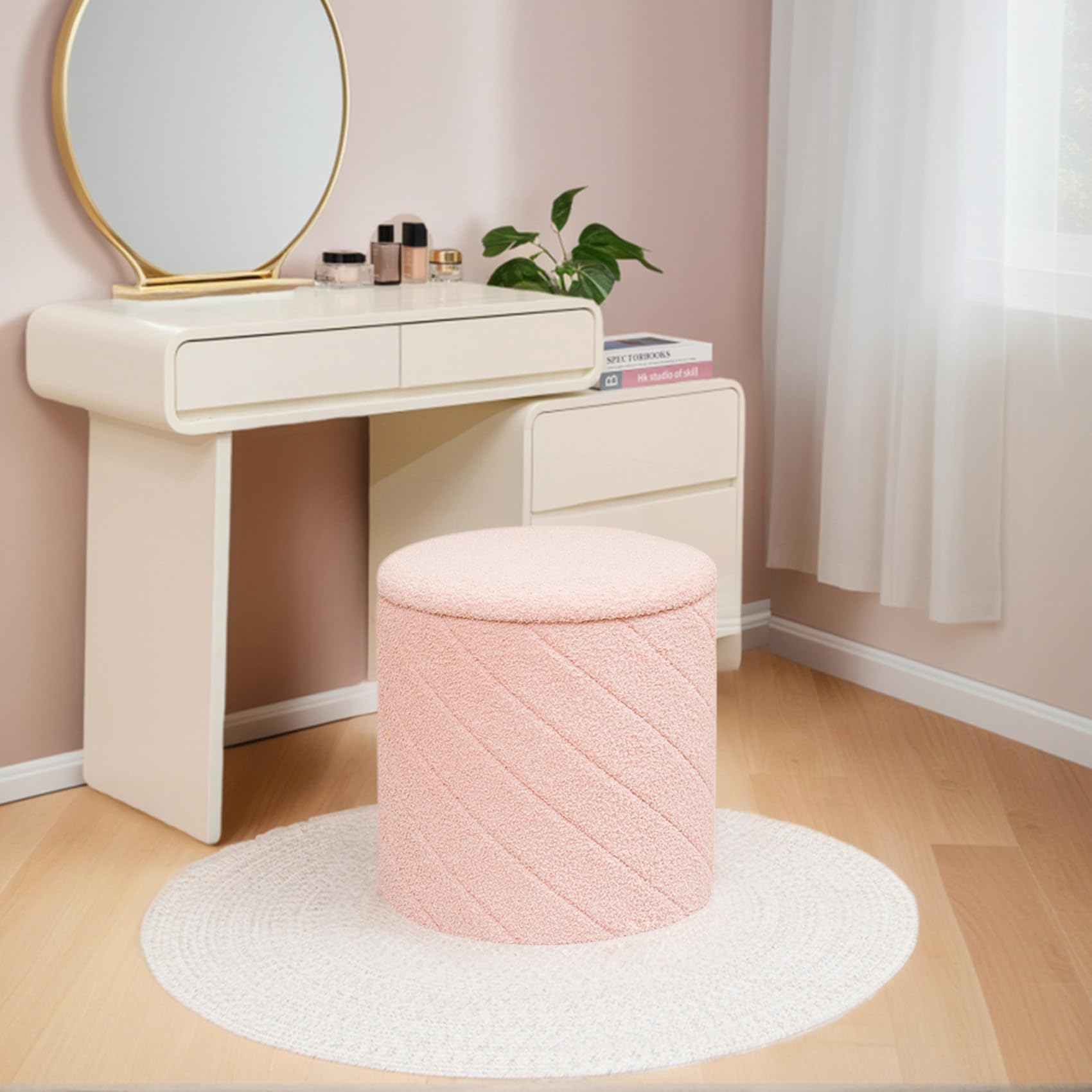 PINPLUS Puff Almacenaje Plegable con Tapa Reversible, Taburete Otomano Redondo Teddy Bouclé, Reposapiés para Salón o Dormitorio, Ø 43 x 45 cm, Rosa