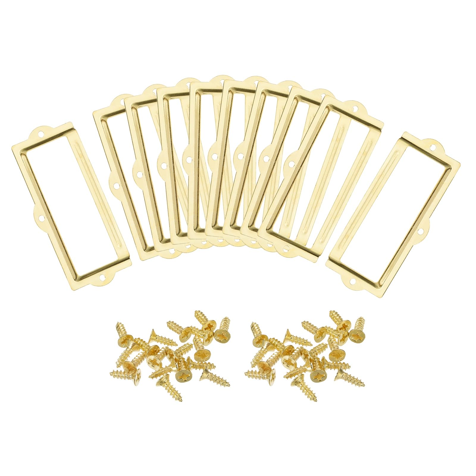 sourcing map Label Holders, 90x42mm 10Pcs 3 Hole File Name Card Tag Label Holder Frame for Office Library Drawer Cabinet Shelves, Gold Tone
