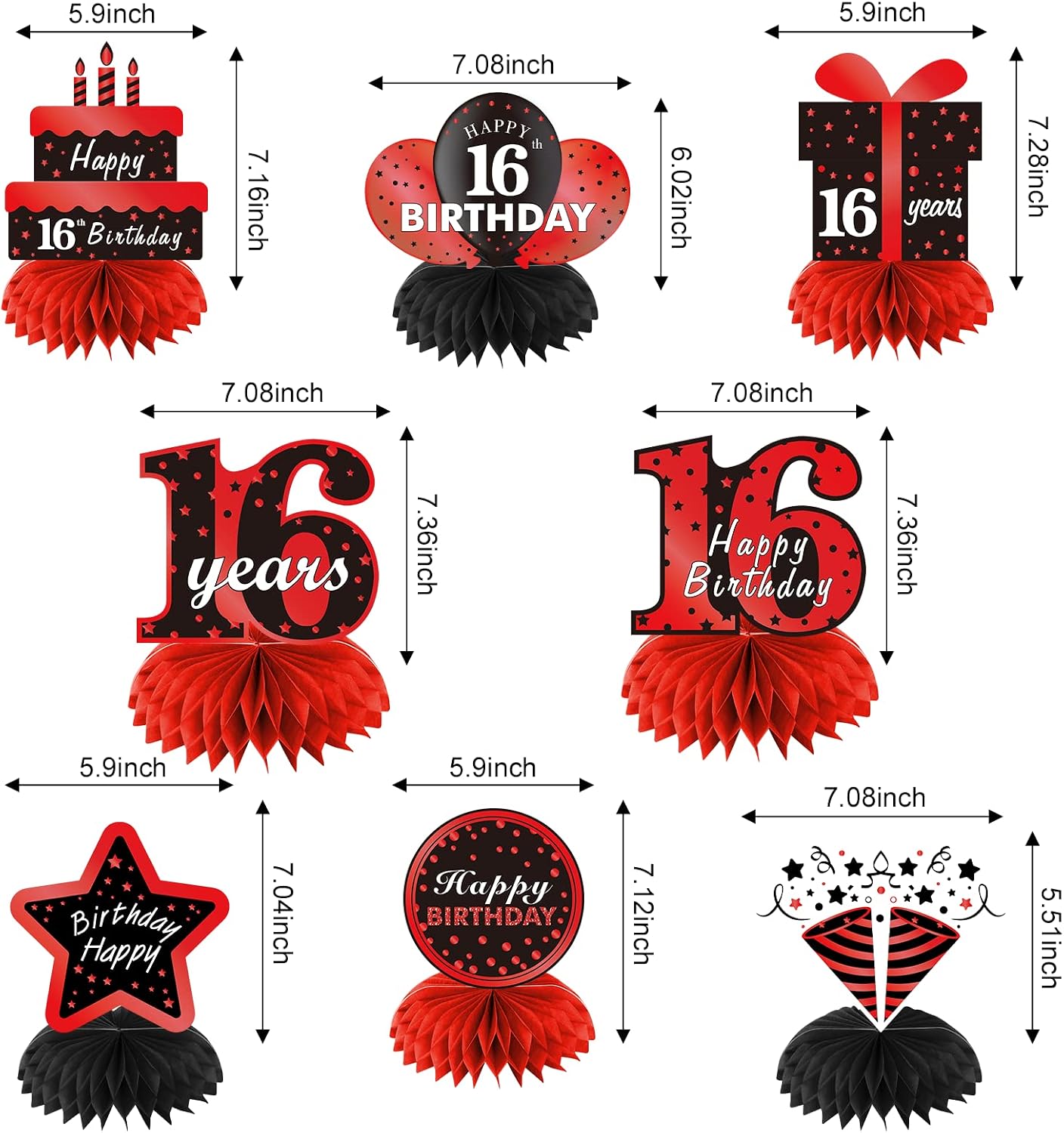 Red Black 16th Birthday Decorations Table Honeycomb Centerpieces | 8Pcs Happy 16 Year Old Birthday Table Topper Party Supplies for Boys Girls, Sixteen Birthday Table Centerpiece Decor