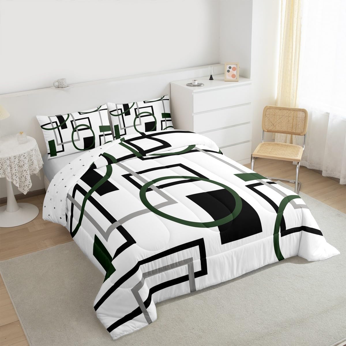 Feelyou Geometric Plaid Comforter Set Full Size Kids Green Grey Black Geometric Comforter Set for Boys Teens Stripe Line Bedding Set Modern Art Duvet Set Room Decor Quilt Boys