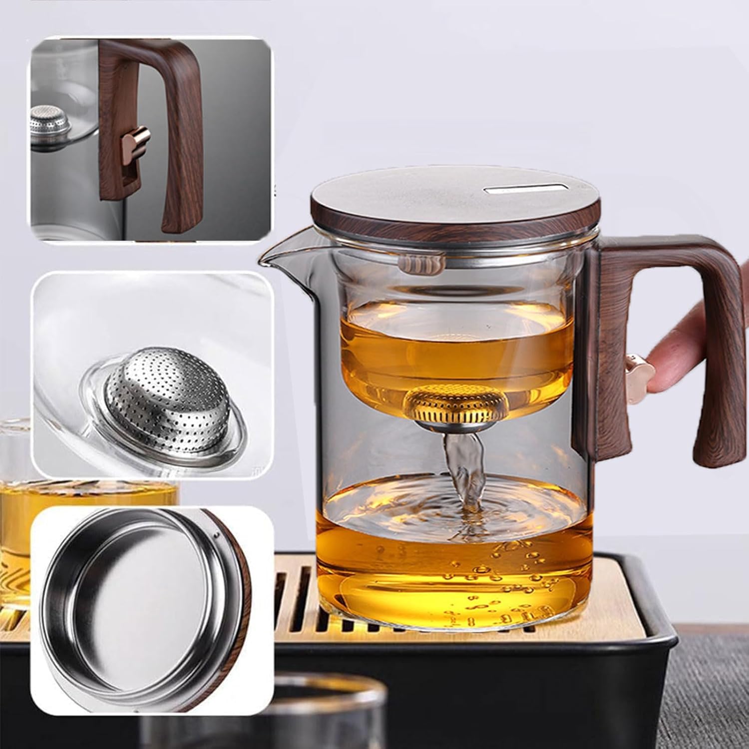 Water Separation Glass Teapot with Wooden Handle, Enchantipot Magic Tea Pot, Magical Teapot Glass with Infuser, Clear Tea Pot with Strainer, Tea Separation Filtration Glass Tea Pot
