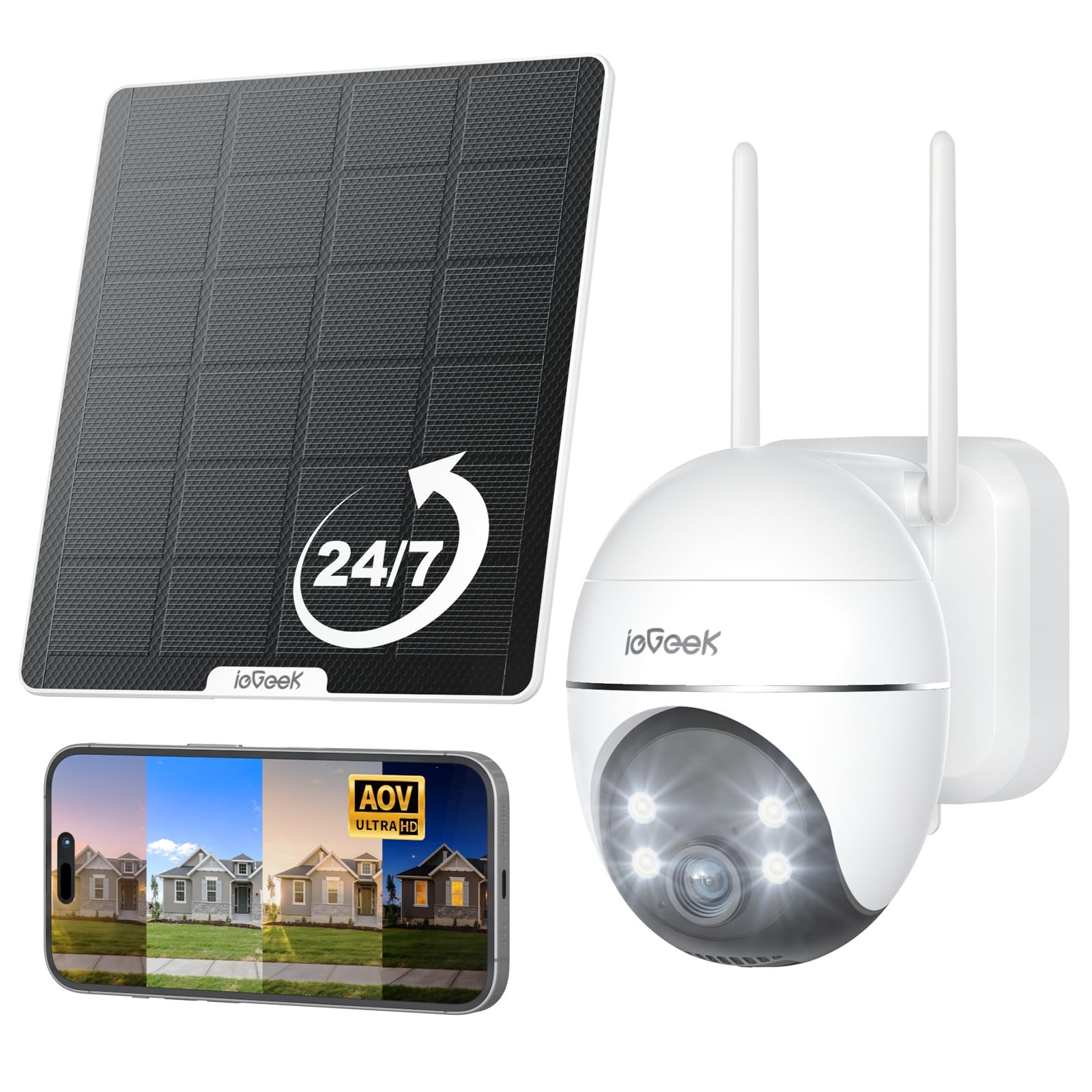 ieGeek 24/7 Enregistrement AOV 2K Camera Surveillance WiFi Exterieure sans Fil Solaire, Suivi Automatique, 360° PTZ, Batterie 9000mAh, 30m Détection Humaine par AI, Alarme Lumineuse et Sonore, S7