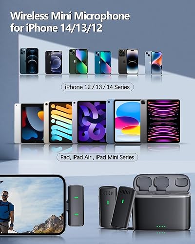 Miniatura 7 de Paquete de 2 micrófonos inalámbricos Lavalier para iPhone, iPad Mini, micrófono con estuche de carga DSP integrado con cancelación de ruido + chip