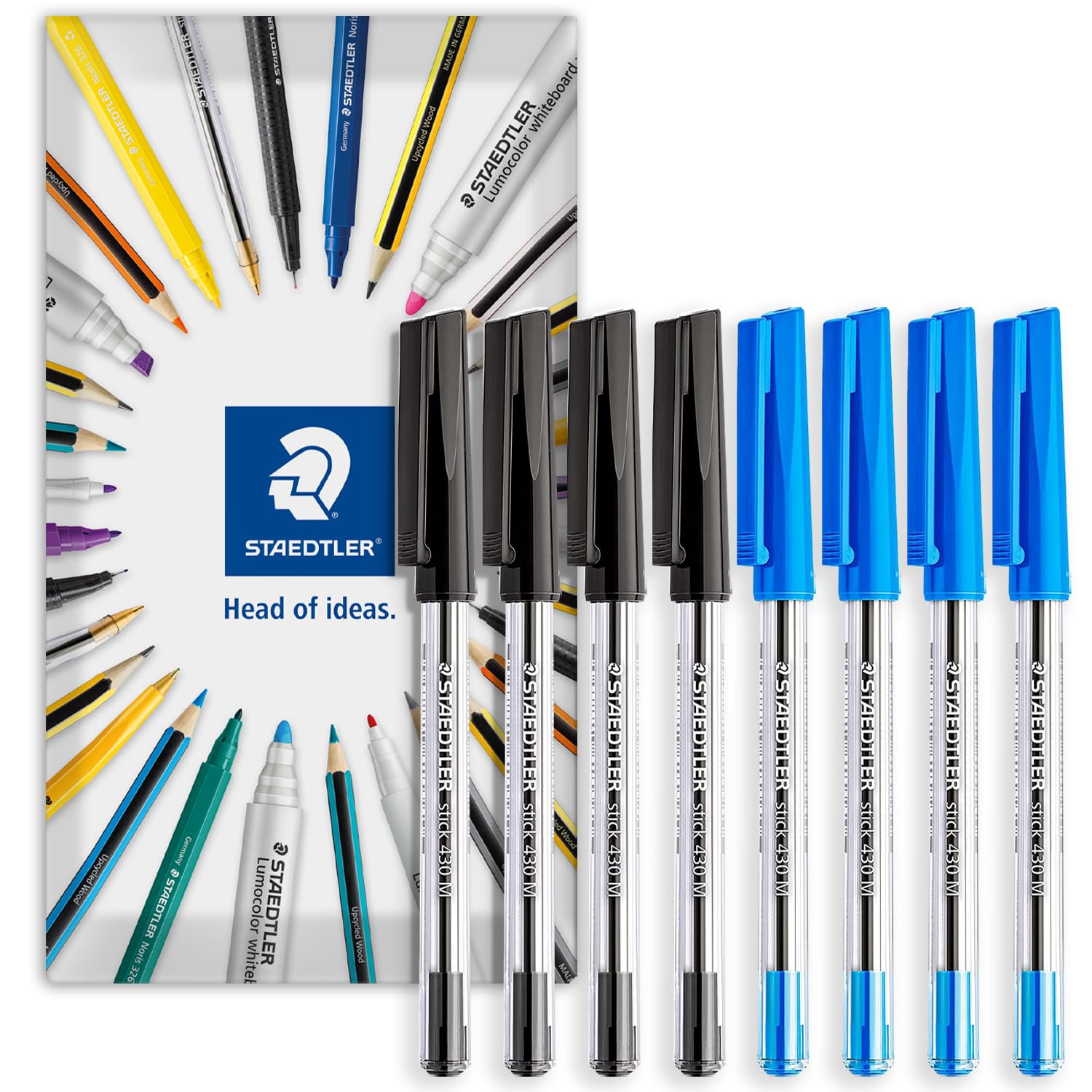STAEDTLER stick 430M Ballpoint Pen - 0.5mm Medium Point - Pack of 8 in Envelope Packaging (Black, Blue)