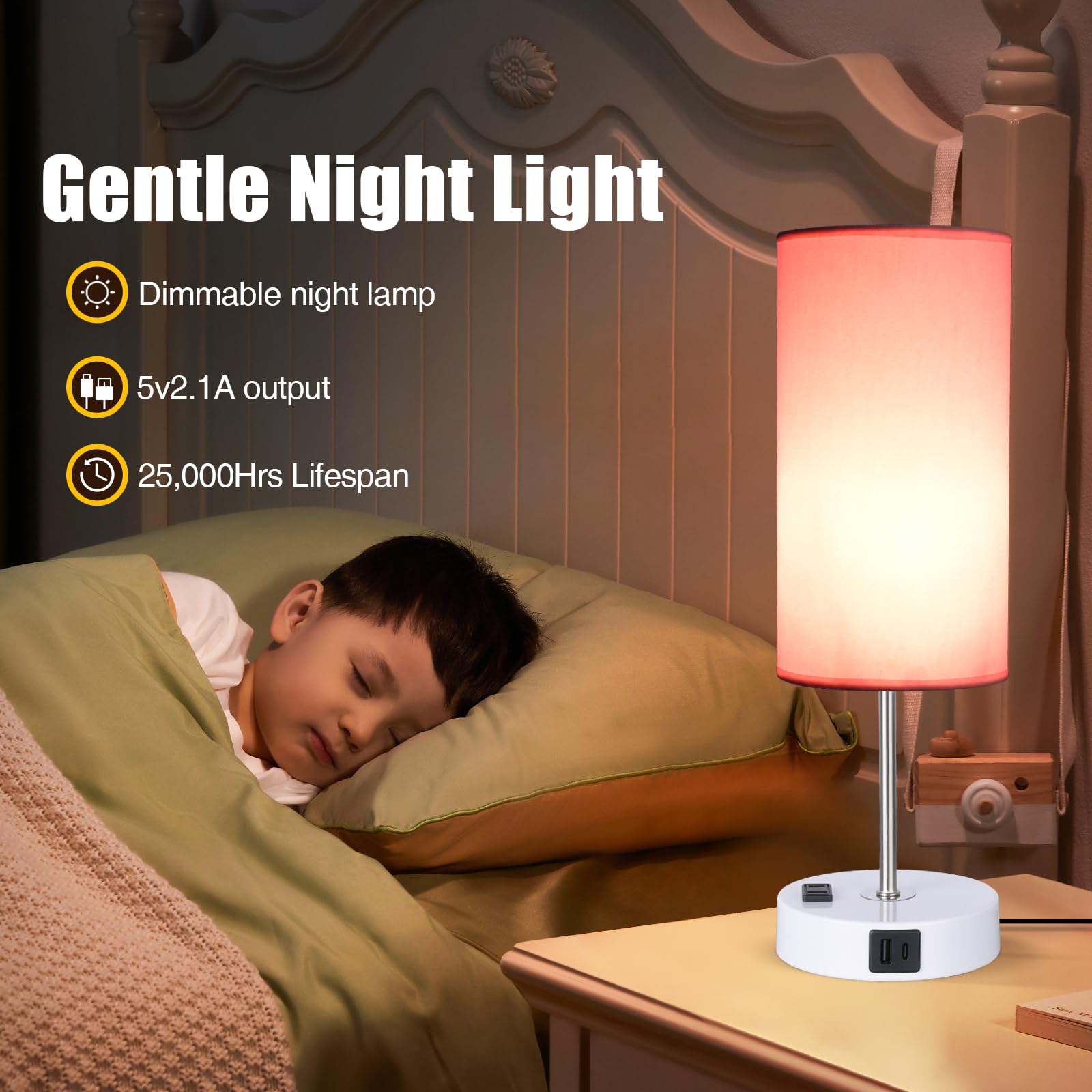 Tischlampe mit USB-Anschluss, Schreibtischlampe, Touch-Lampe, Nachttischlampen für Schlafzimmer, 3-Fach Dimmbar Kleine Lampen für Rosa und Weiß