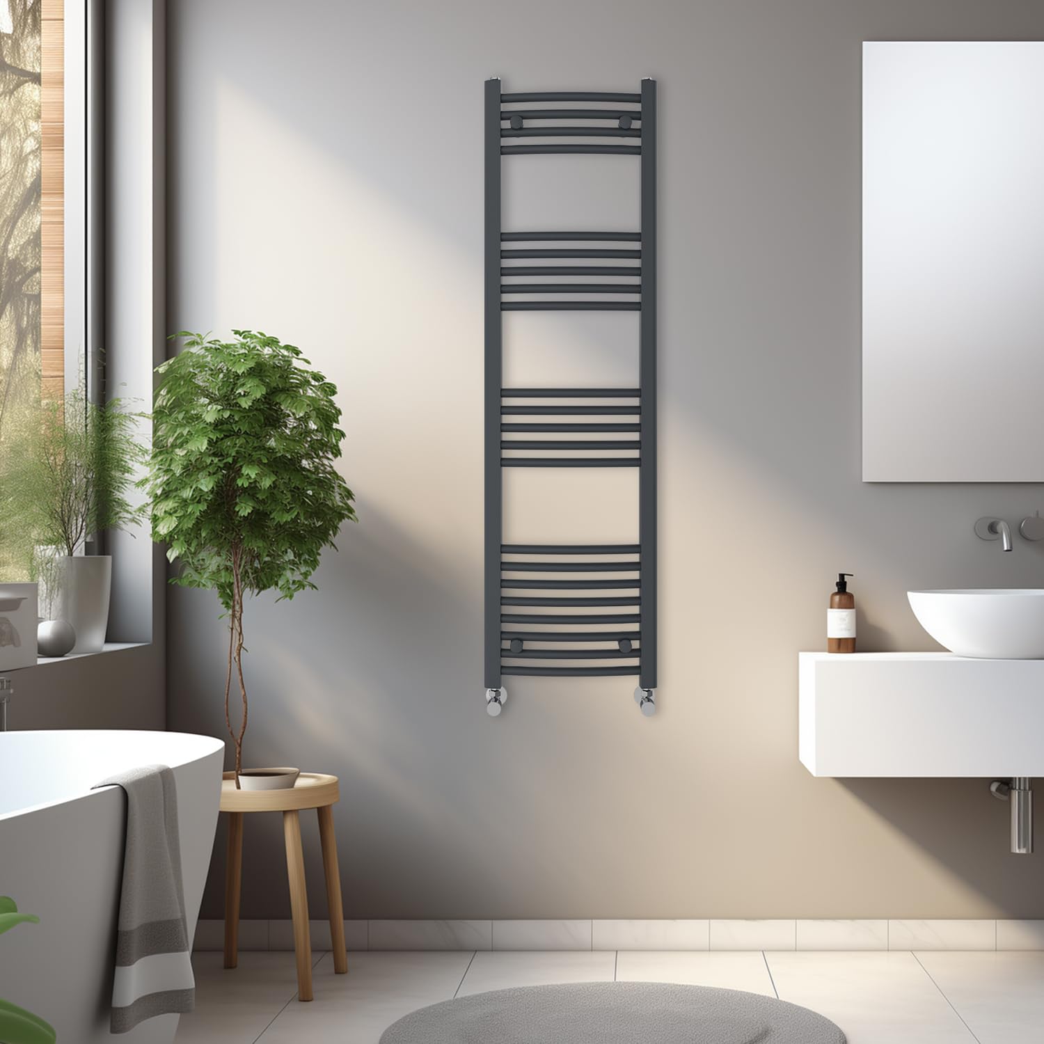 Blümme Anthracite Heated Towel Rail Bathroom Ladder Radiator Curved 1400 X 400Mm Central Heating Towel Radiator Warmer
