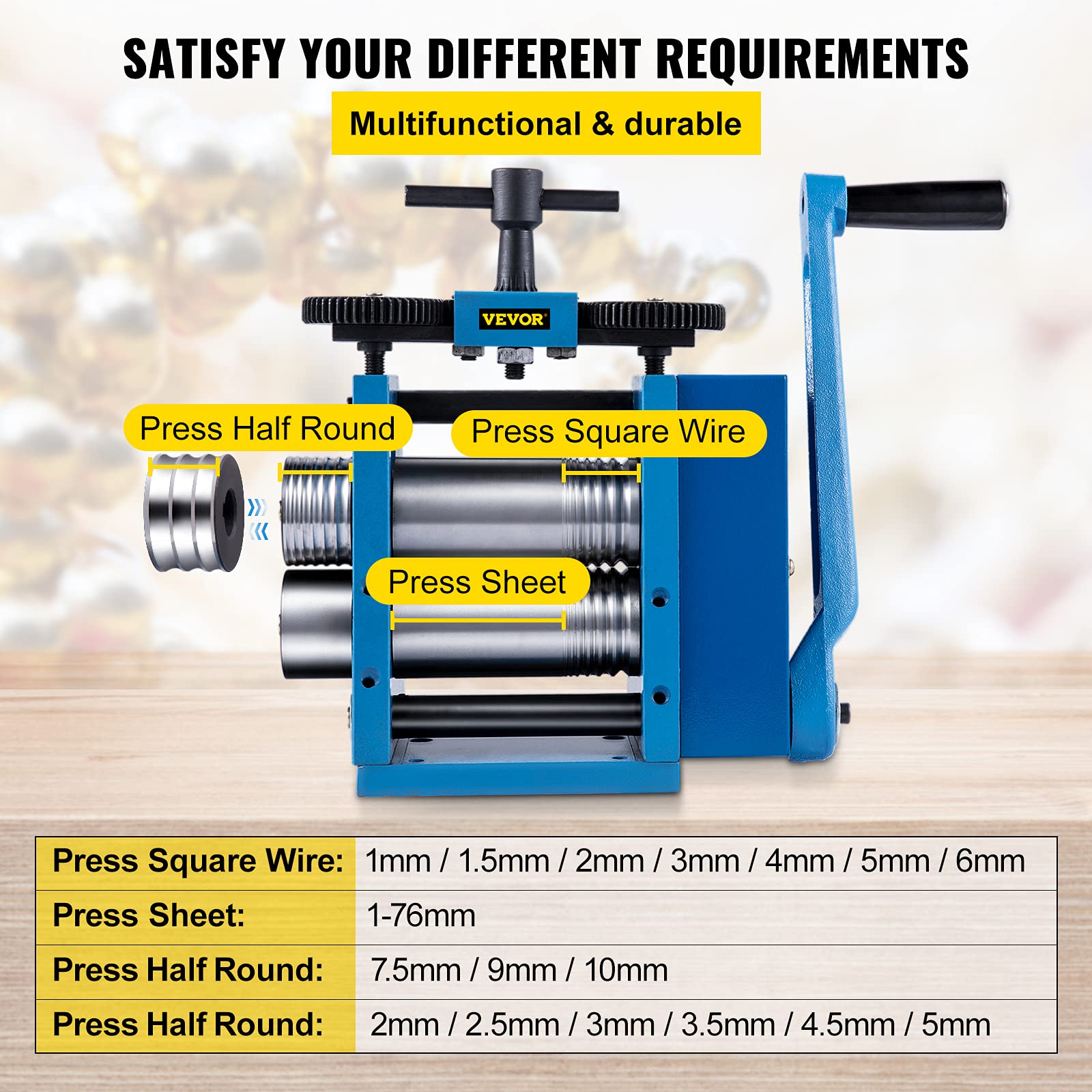 VEVOR Machine de Laminage de Bijoux, 76 mm Laminoir à Combinaison Manuel, Équipement de Traitement de Fabrication de Comprimés de Bijoux, Outil de Bricolage Multifonctionnel pour Presser Feuilles Fils