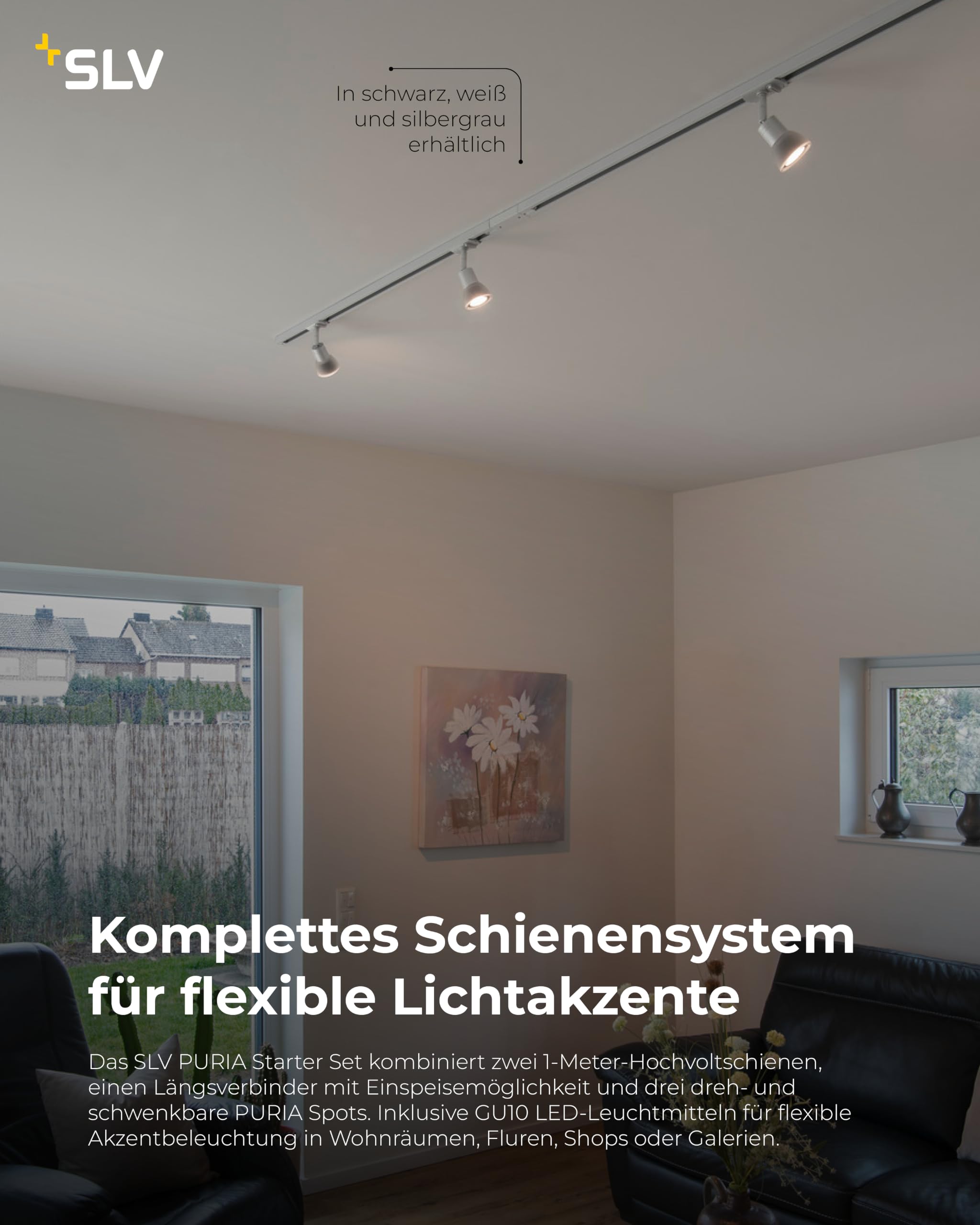 SLV LED Schienensystem PURIA, Starter Set, 1Phasen Schienen-Leuchte zur individuellen Innen-Beleuchtung, dreh- und schwenkbare Decken-Spots, Strahler-Schiene, Deckenstrahler, Decken-Lampe, 3x GU10