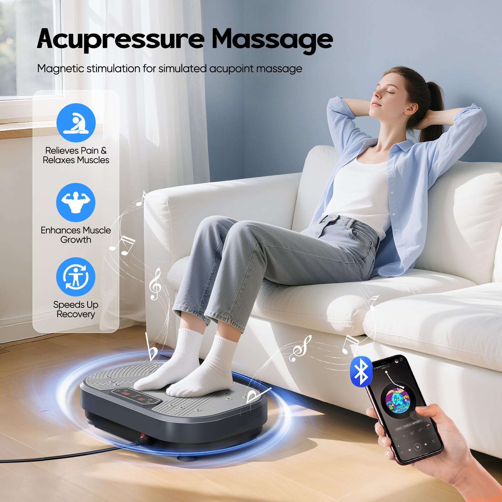 Plataforma Vibratoria, 120 Velocidades Plataforma Vibración Muscular para Musculación y Moldeado,Altavoz Bluetooth y Bandas Elásticas Fitness en Casa para Quemar Grasa y Adelgazar