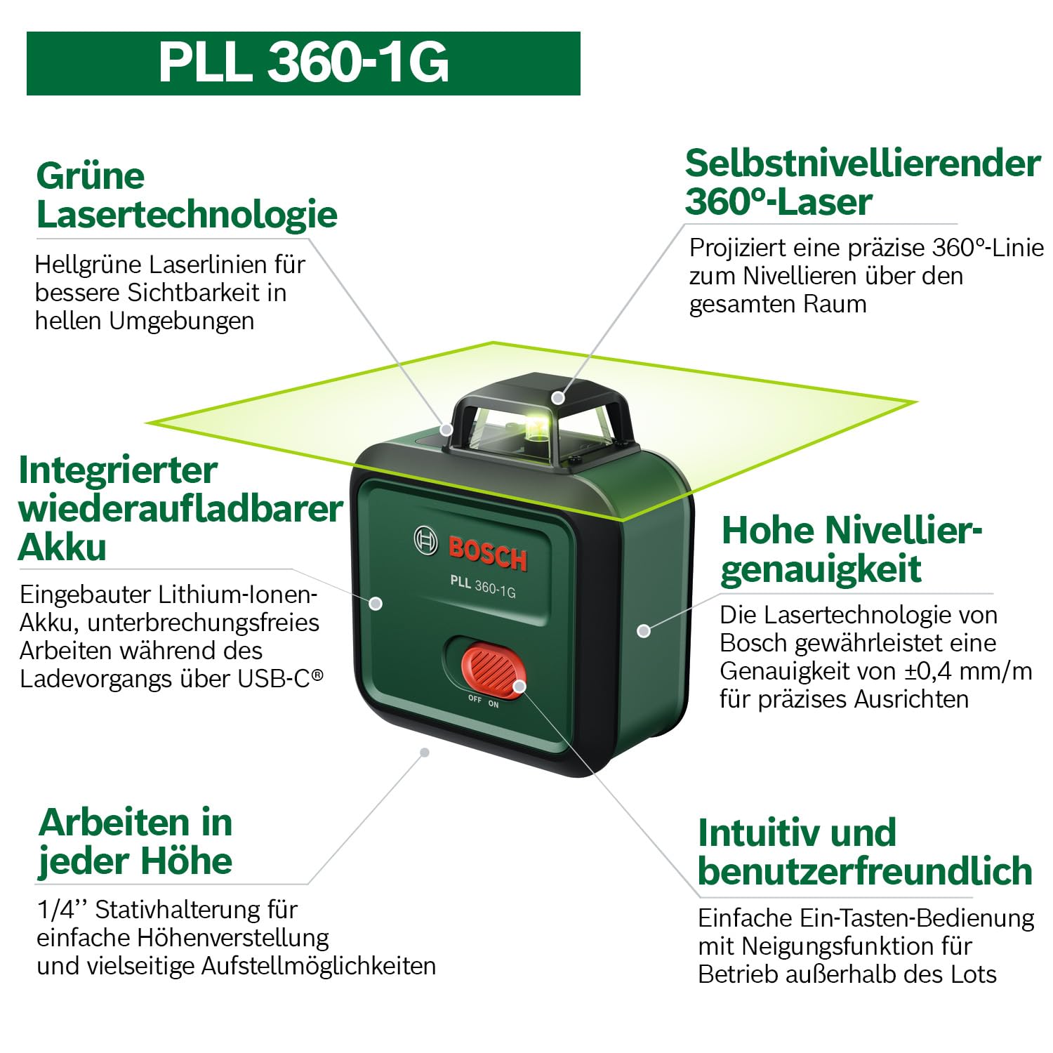Bosch Linienlaser PLL 360-1G (360° grüner Laser, selbstnivellierend, ±0,4 mm/m Genauigkeit, integrierter Lithium-Ionen-Akku, Laden über USB-C®, im Karton)