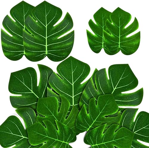 36 Pieces Artificial Tropical Palm Leaves for Jungle Safari Beach Hawaiian Luau Theme Birthday Party Table Decorations Faux Green Monstera Supplies