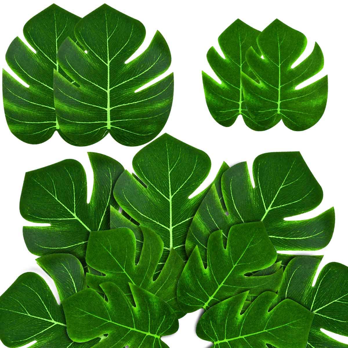 36 Pieces Artificial Tropical Palm Leaves for Jungle Safari Beach Hawaiian Luau Theme Birthday Party Table Decorations Faux Green Monstera Supplies for Wedding Large Fake Leaf Plant Decor with Stems