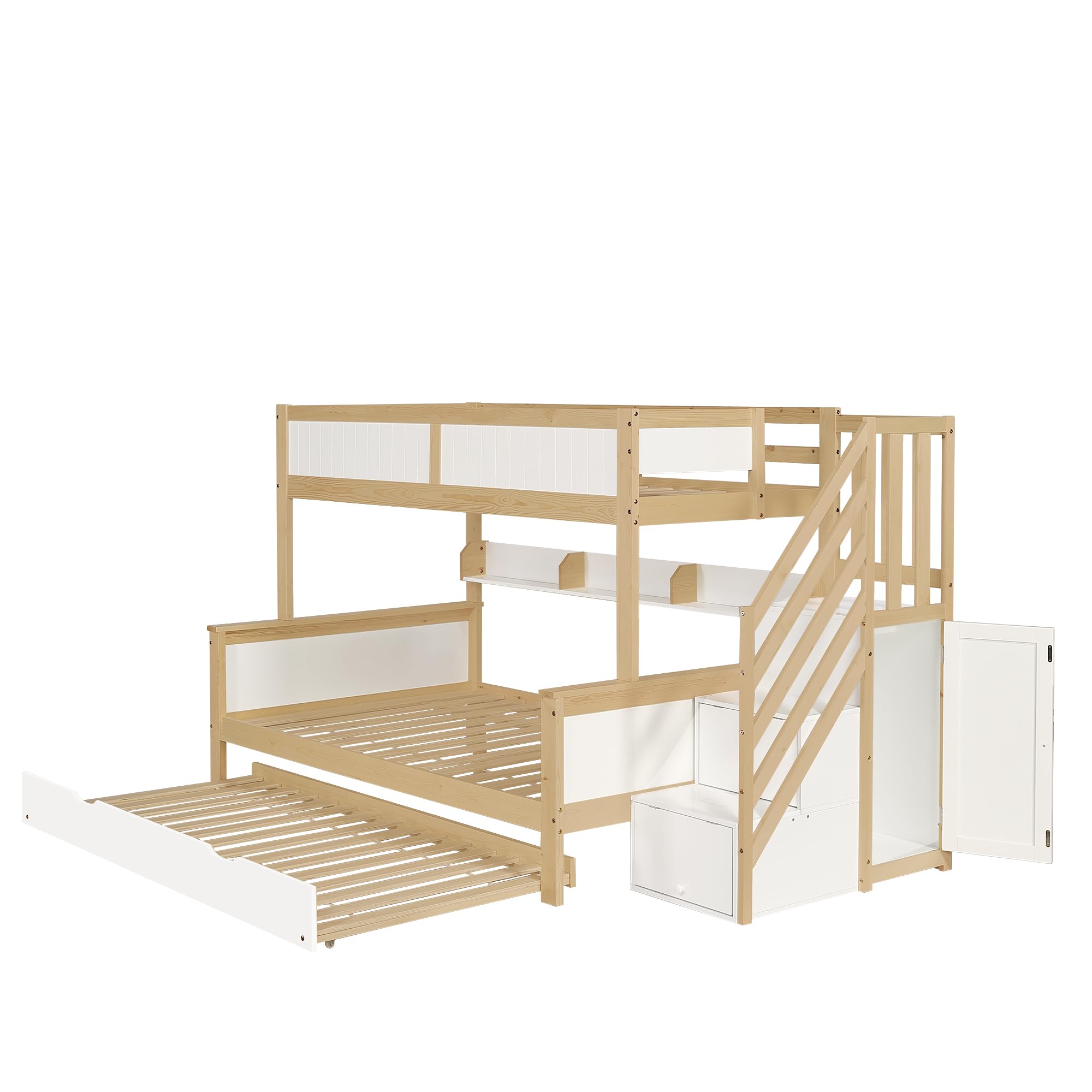 Idemon Lettino a castello, con protezione anticaduta e griglia, progettato con tre posizioni, con letto a rotelle, con armadio, scala angolare, pino+MDF, bianco+naturale, 90 x 200 x 200 x 200 x 200 cm