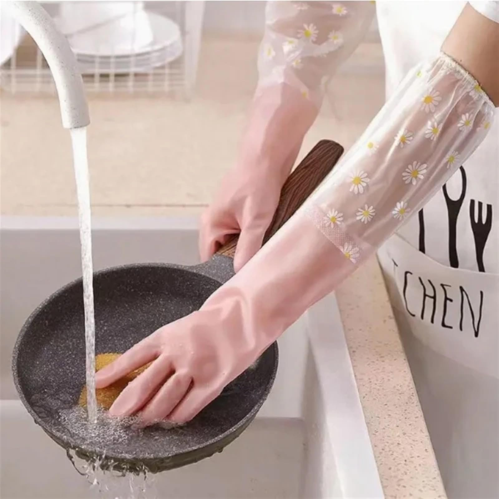 1 Par Guantes Manga Larga Lavar Cocina Jardinería Duradero(Blau)