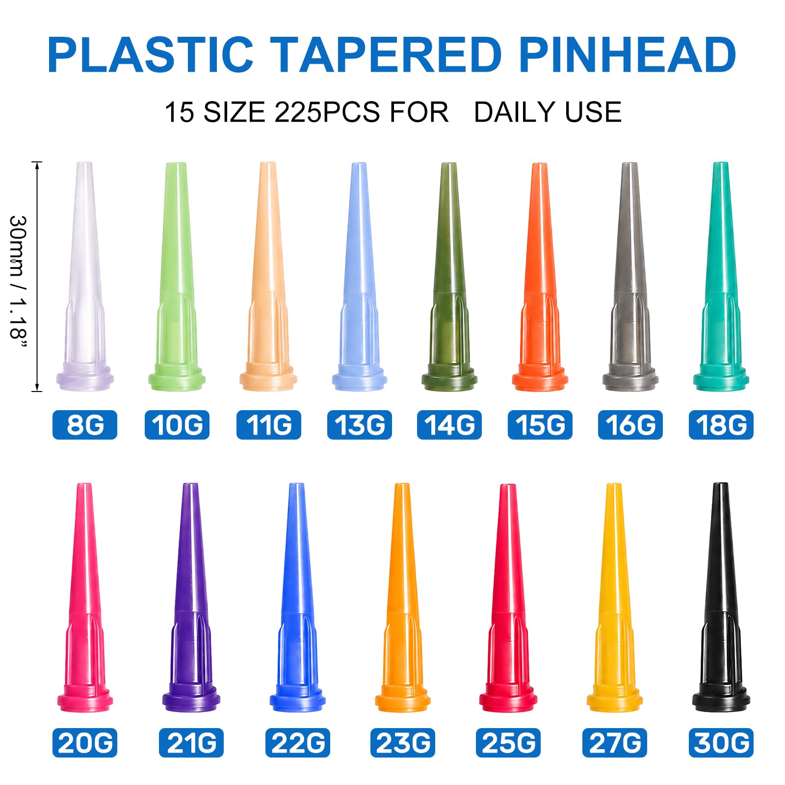 225PCS 15 Size Plastic Tapered Pinhead Blunt Tip Dispensing Needles — Amazon image 2