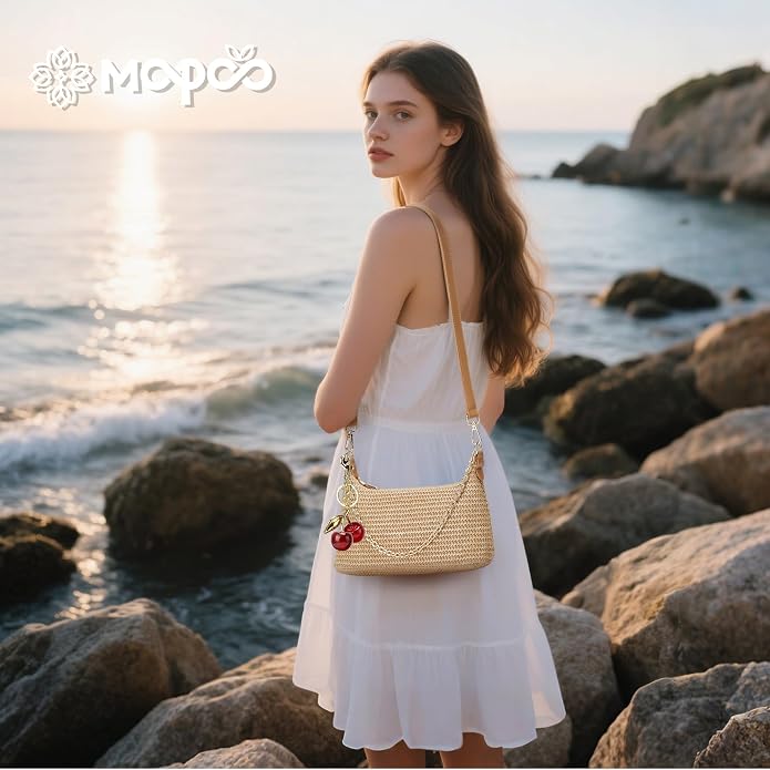 Bolso de hombro tejido de paja para mujer miniatura 2