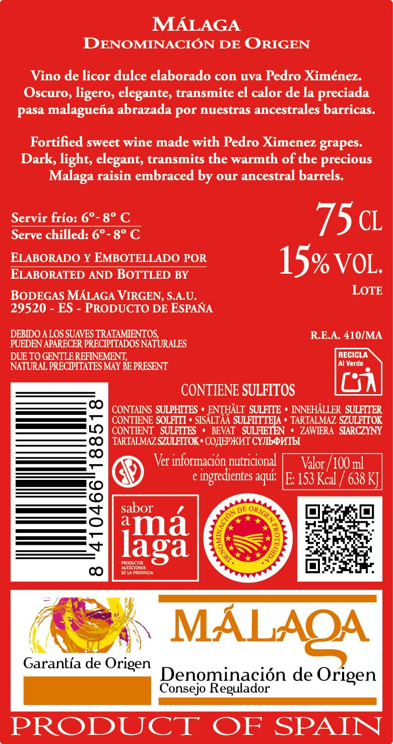 Málaga Virgen - Pack 6 botellas de 75 cl - Vino de licor dulce D.O ''MÁLAGA''