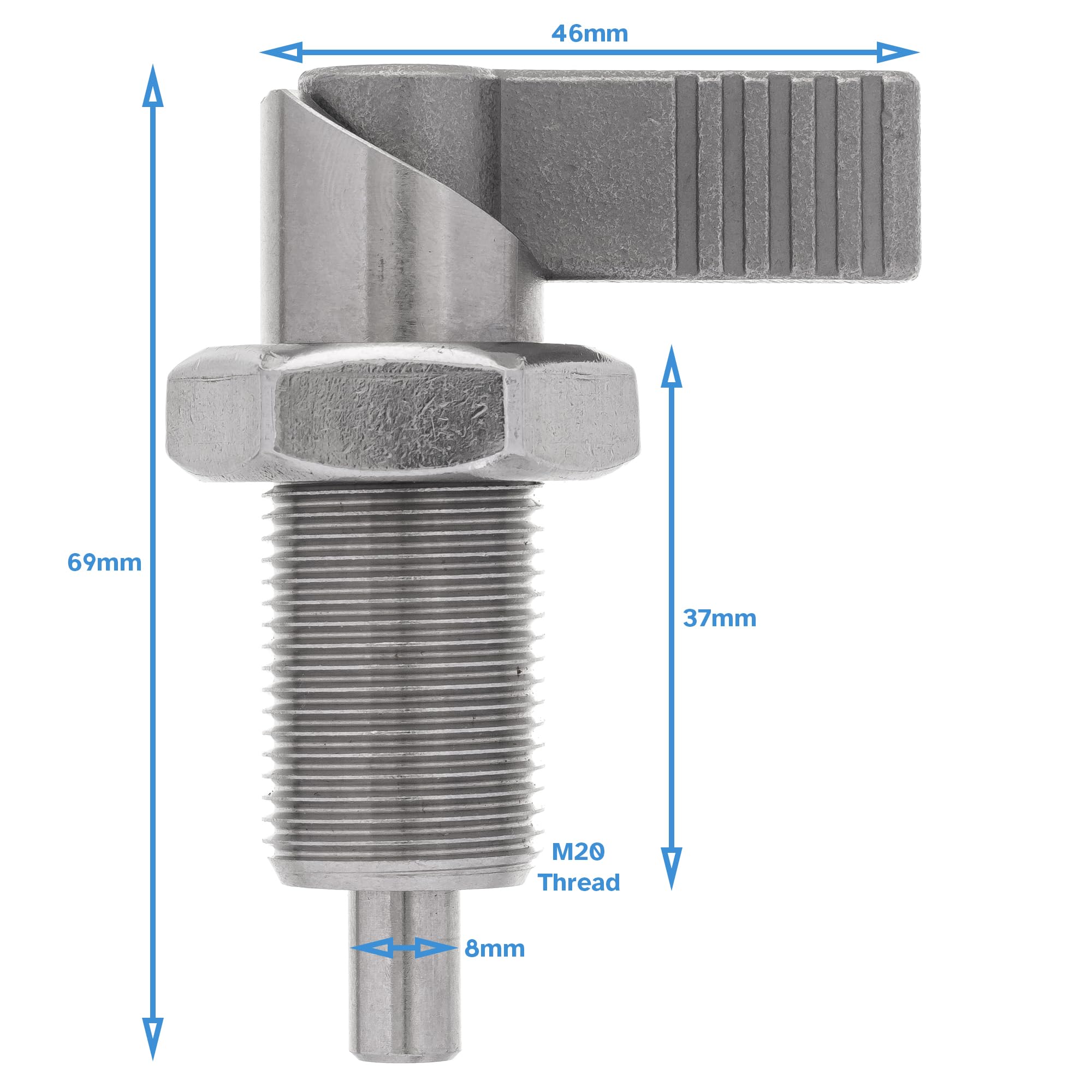 HALLMERS M20 x 1.5 x 37mm Thread 8mm Pin Diameter Lever Indexing Spring Plunger with Stop Notch - Stainless Steel L-Shaped Retractable Locking Bolt Knob Threaded Index Mechanism Accessory Tool