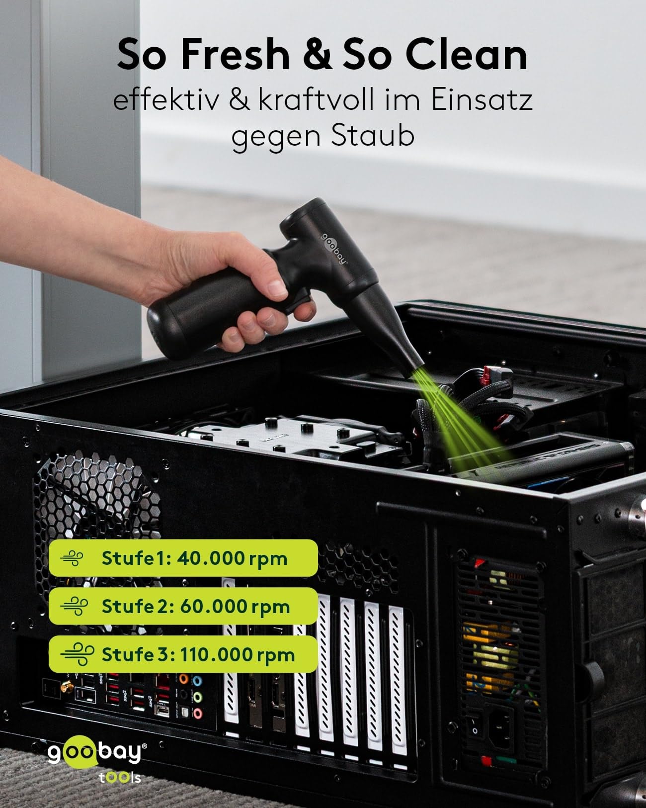 goobay Dmuchawa do kurzu z 3 prędkościami, bateria 6000 mAh, 110 000 obr./min, czas pracy do 80 min, w zestawie 8 nasadek do usuwania kurzu z klawiatur, komputera, na sofie, wnętrze samochodu – 77830