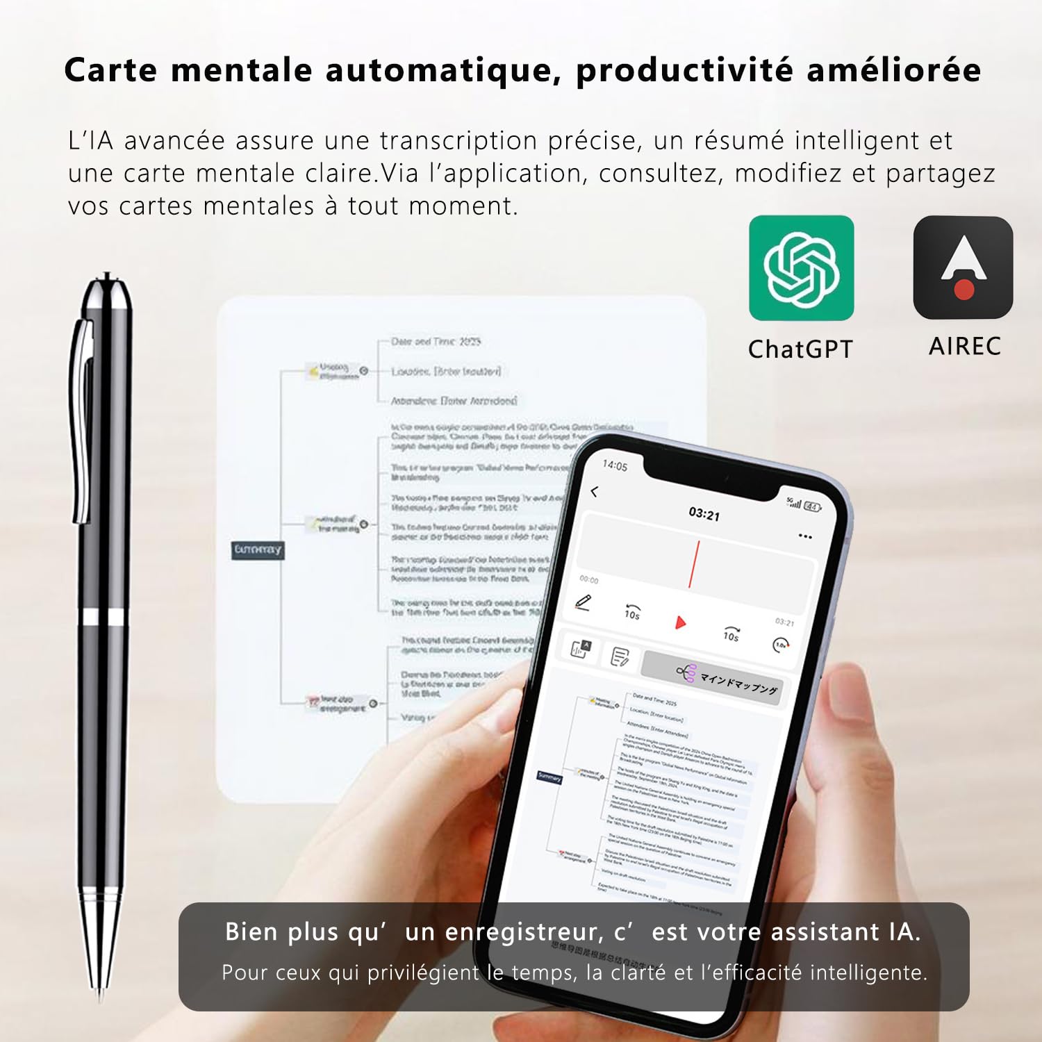 Stylo dictaphone avec Transcription Via Application, Micro 360°, Enregistrement 1 clic, Traduction en Temps réel, Batterie 10 h, mémoire 16 Go, pour réunions, Cours et entretiens