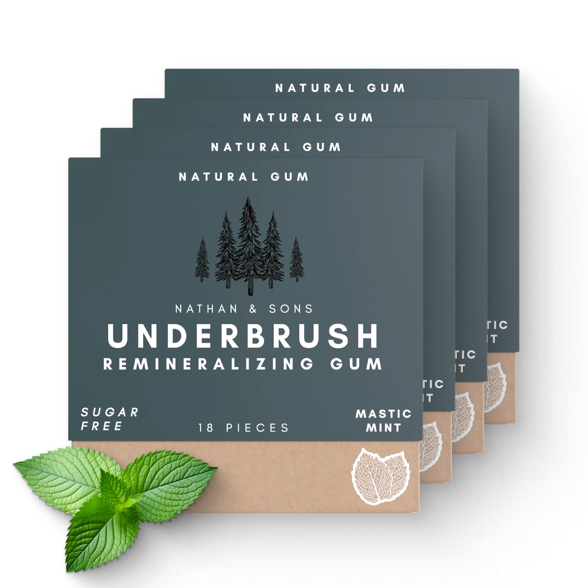 UnderBrush Mastic Mint Remineralizing Chewing Gum, Sugar Free Xylitol Gum with Hydroxyapatite, Gluten Free, Sugar, Aspartame & Sucralose, Tree Sap Chewing Base, 4 Pack