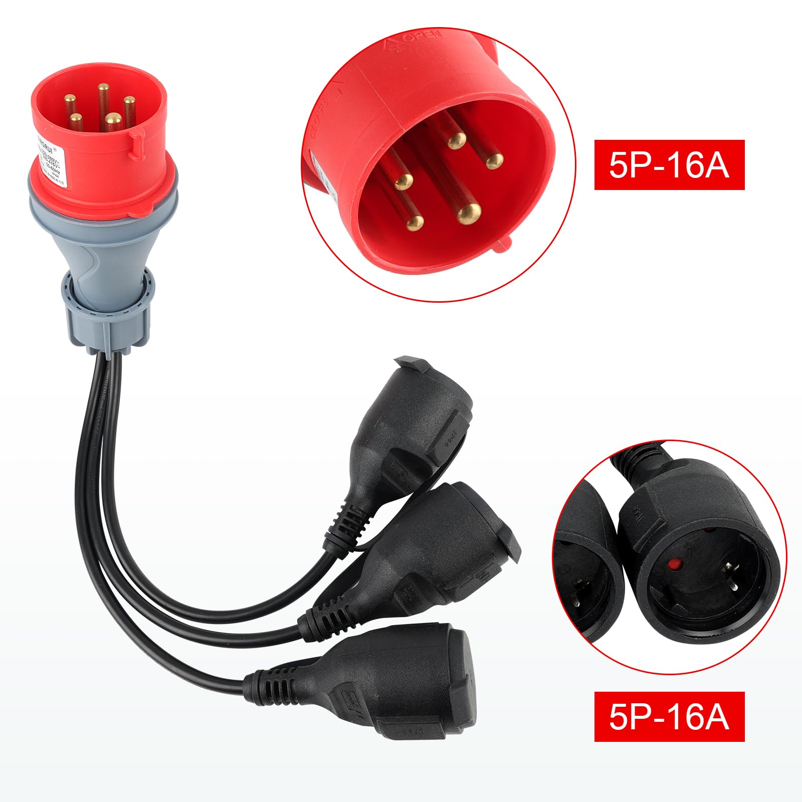 Adaptateur CEE - Répartiteur de courant fort - 400 V - 16 A - Fiche vers 3 x 230 V - Câble d'extension de courant fort - Câble adaptateur CEE de camping avec couvercle rabattable et fiche de contact