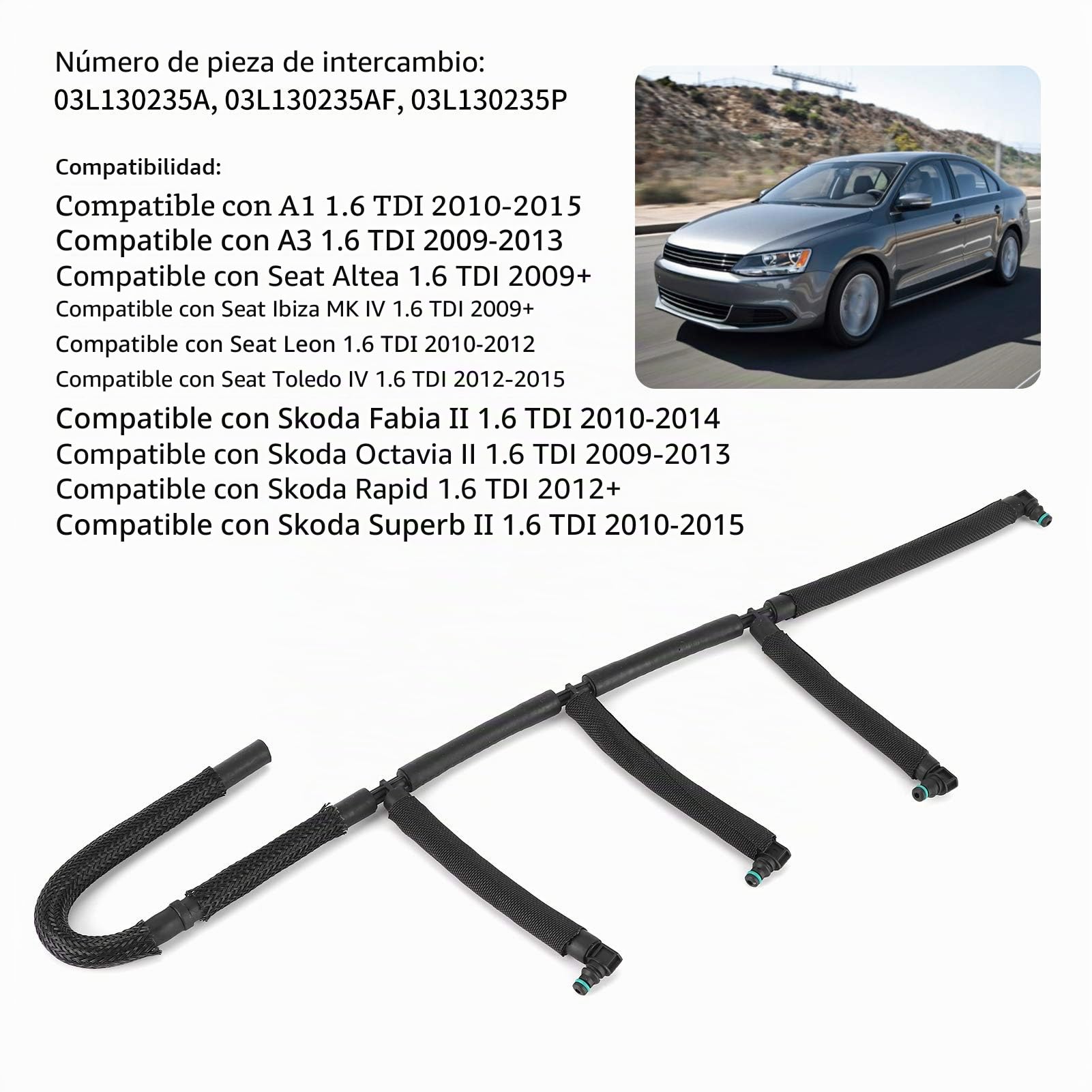 Fydun Tubo de retorno de combustible, 03L130235AF Negro Caucho Accesorios de repuesto Tubo de salida de fugas de rebose de retorno de combustible