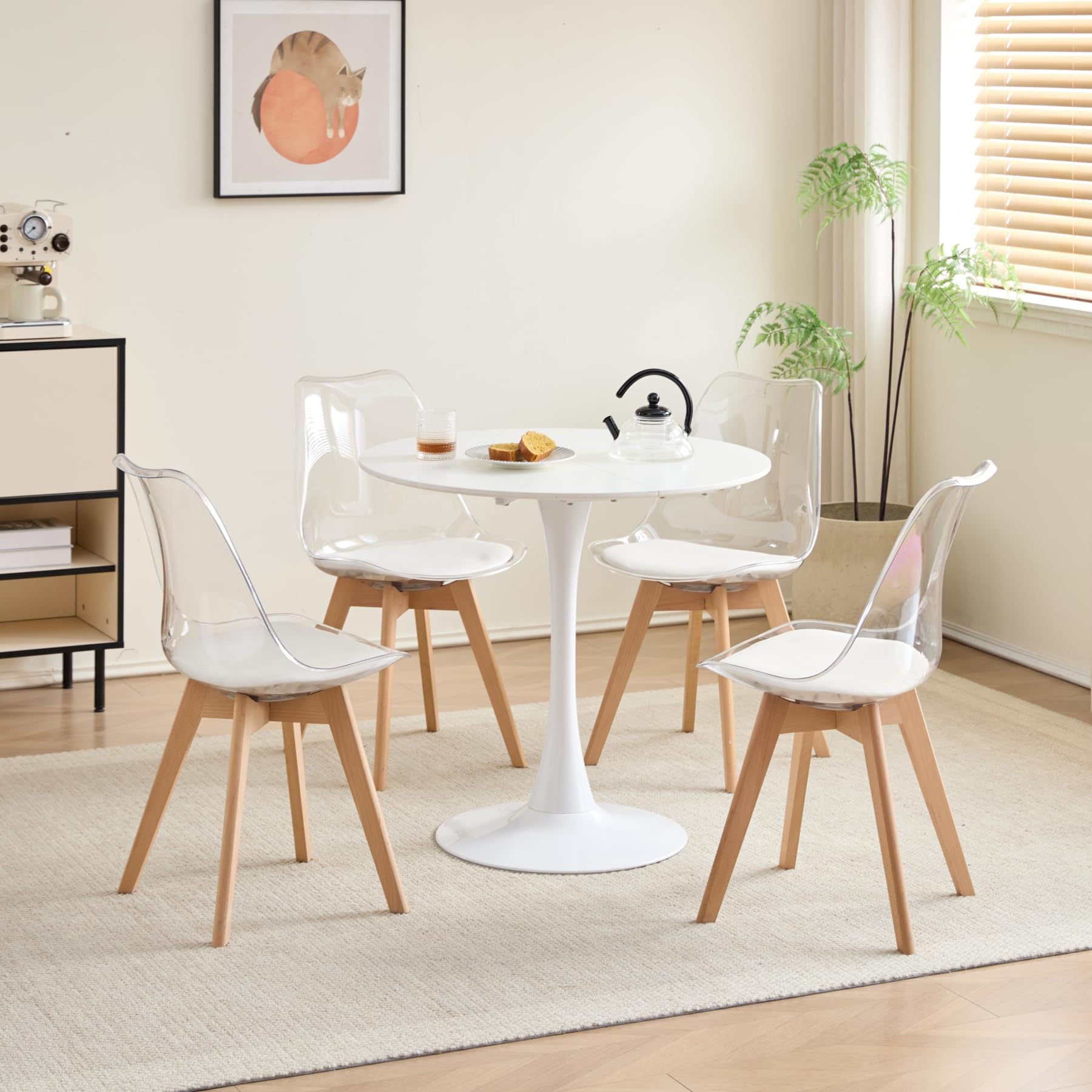 GrandCA HOME Transparente Sillas de Comedor Tapizadas en Tela,Nordicas Sillas Pack 4 para Cocina Comedor Dormitorio (Pack 4, Blanco/Cuero)