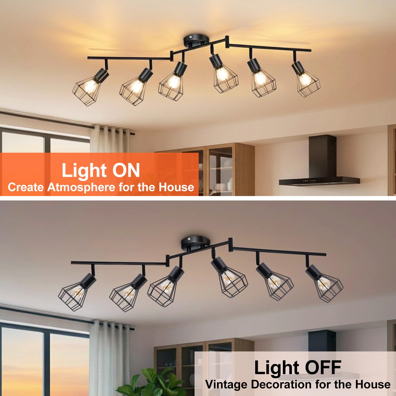 Seruno X Kitchen Ceiling Lights 6 Way Adjustable Spotlights Black, Industrial Wire Cage E14 Base - Image 4