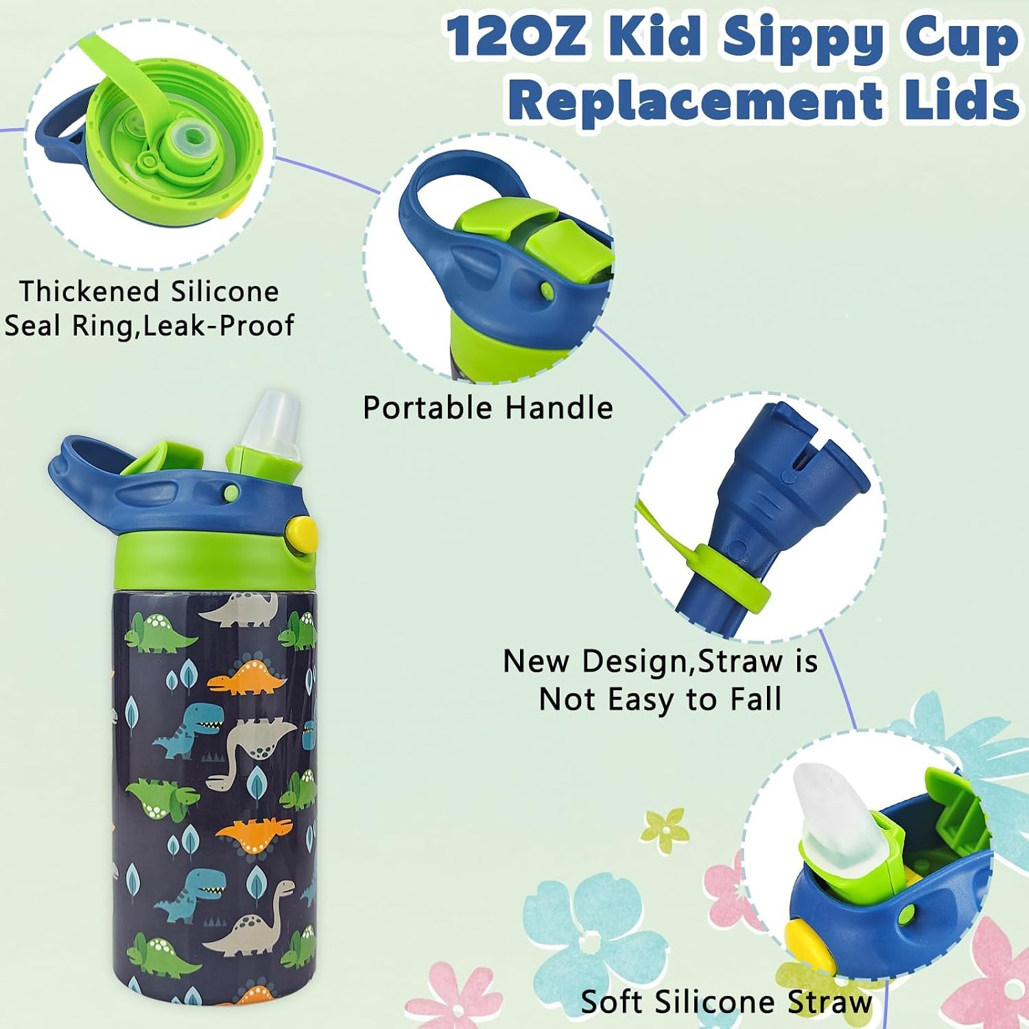 12oz Replacement Lid with 2 Straw for Kid Tumbler,Leak-Proof and Spill-Proof Straw Lids for ZONEGRACE Mocaru,BPA Free,Inner Diameter2.4IN (Green, 1 Pack)