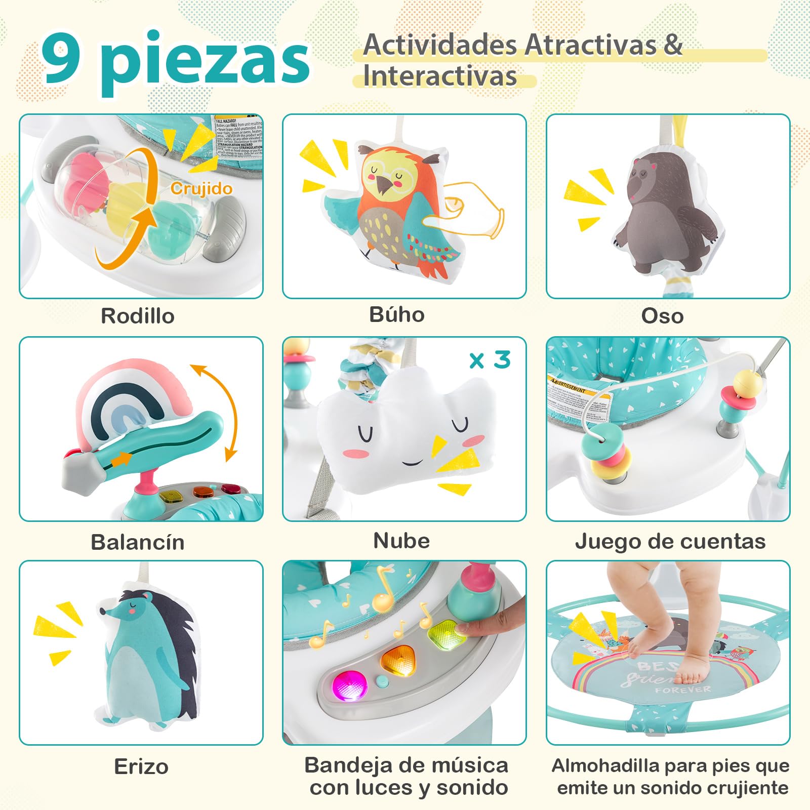 COSTWAY Centro de Actividades Zoológicos para Bebés, Saltador Bebe con Altura Ajustable y Juguetes Interactivos, Bandeja de Música con Luces y Sonido, para Bebés de 6+ Meses (Azul)