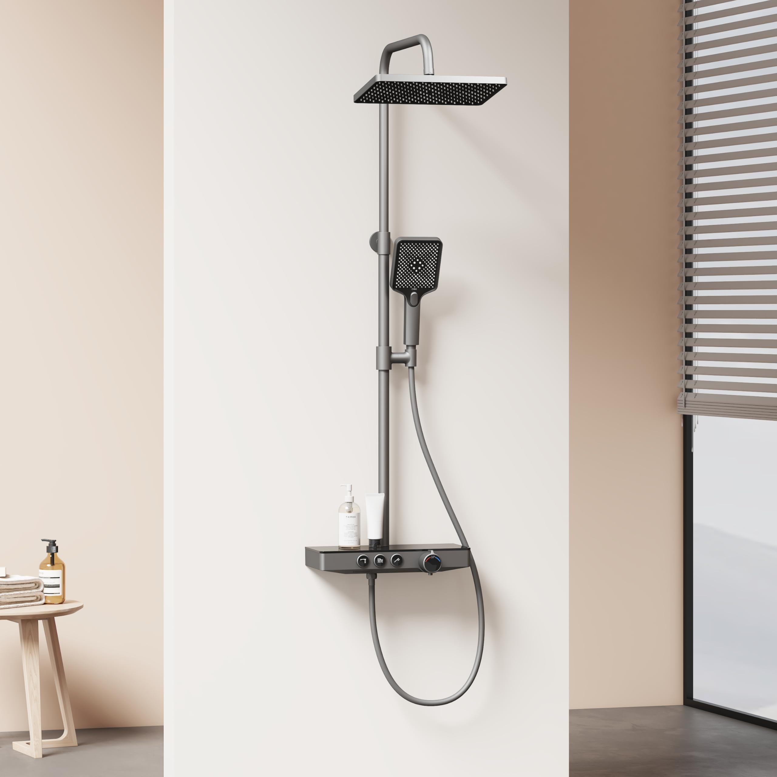 EMKE Duschsystem mit Thermostat, Anthrazit Matt Duschsystem mit Thermostatische Platte, Duschset Handbrause 3 Strahlarten, Regendusche mit Armatur, Duschgarnitur Kopfbrause, Duscharmatur Komplettset