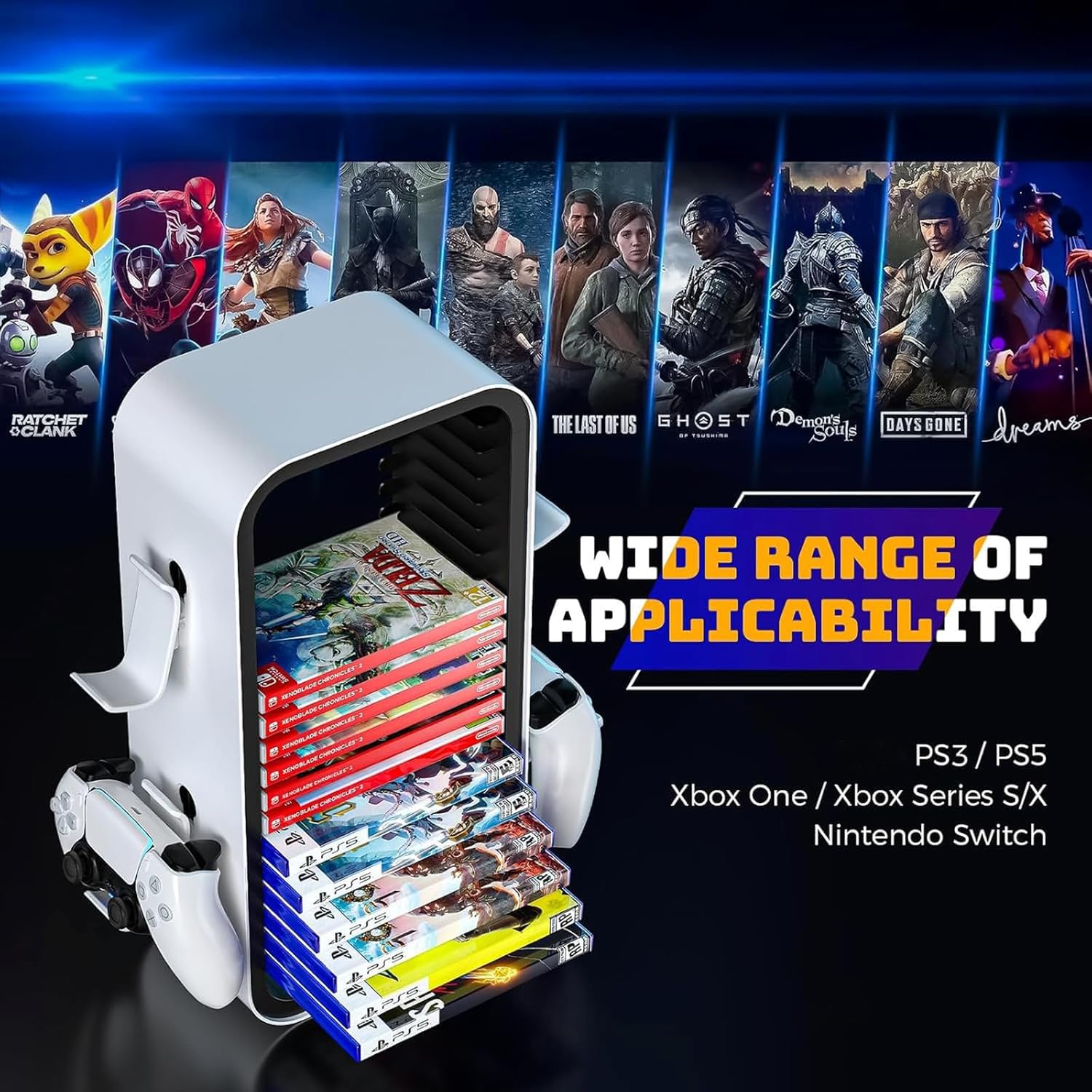 Gamestorage Tower Universal Gaming Disc Organizer Storage 18 Games with 4 controller holders for PS5/PS4/Xbox One/Xbox Series S&X/Nintendo