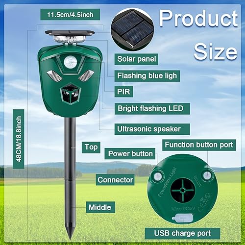 Miniatura 2 de Repelentes ultrasónicos de animales al aire libre impermeables dispositivos de disuasión solar repelentes de ciervos ultrasónicos verdes con sensor